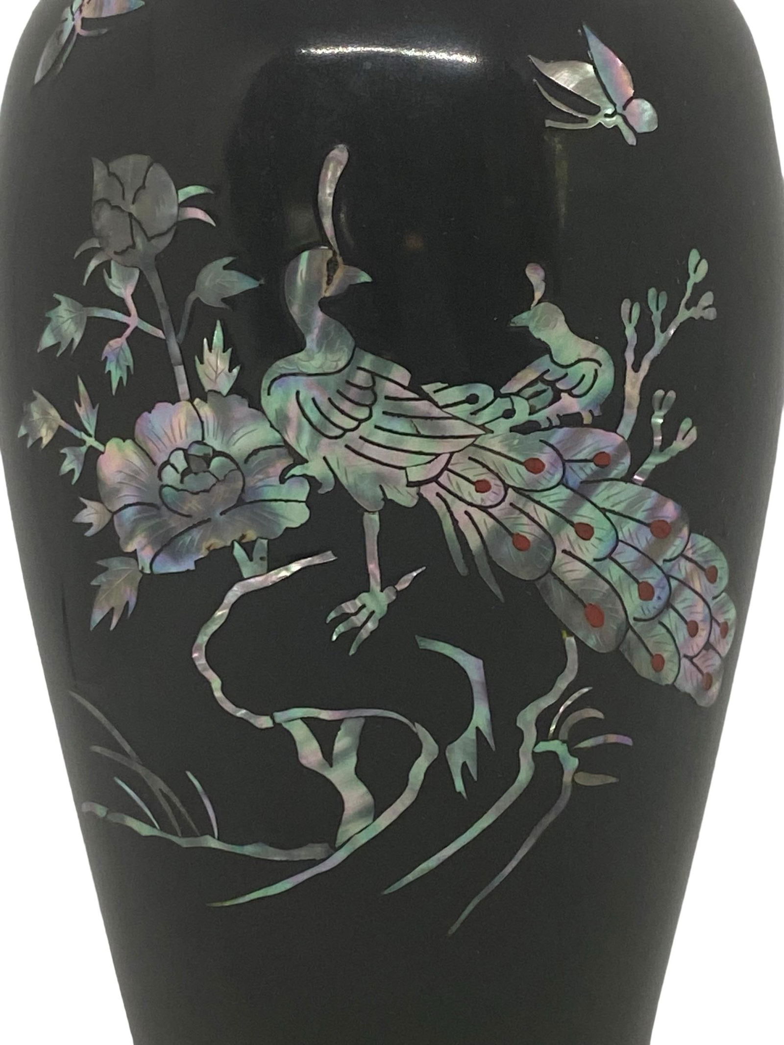 1970's Peacock Design Black Vase Mother of Pearl Abalone Mosaic Enamel Over Brass - 2