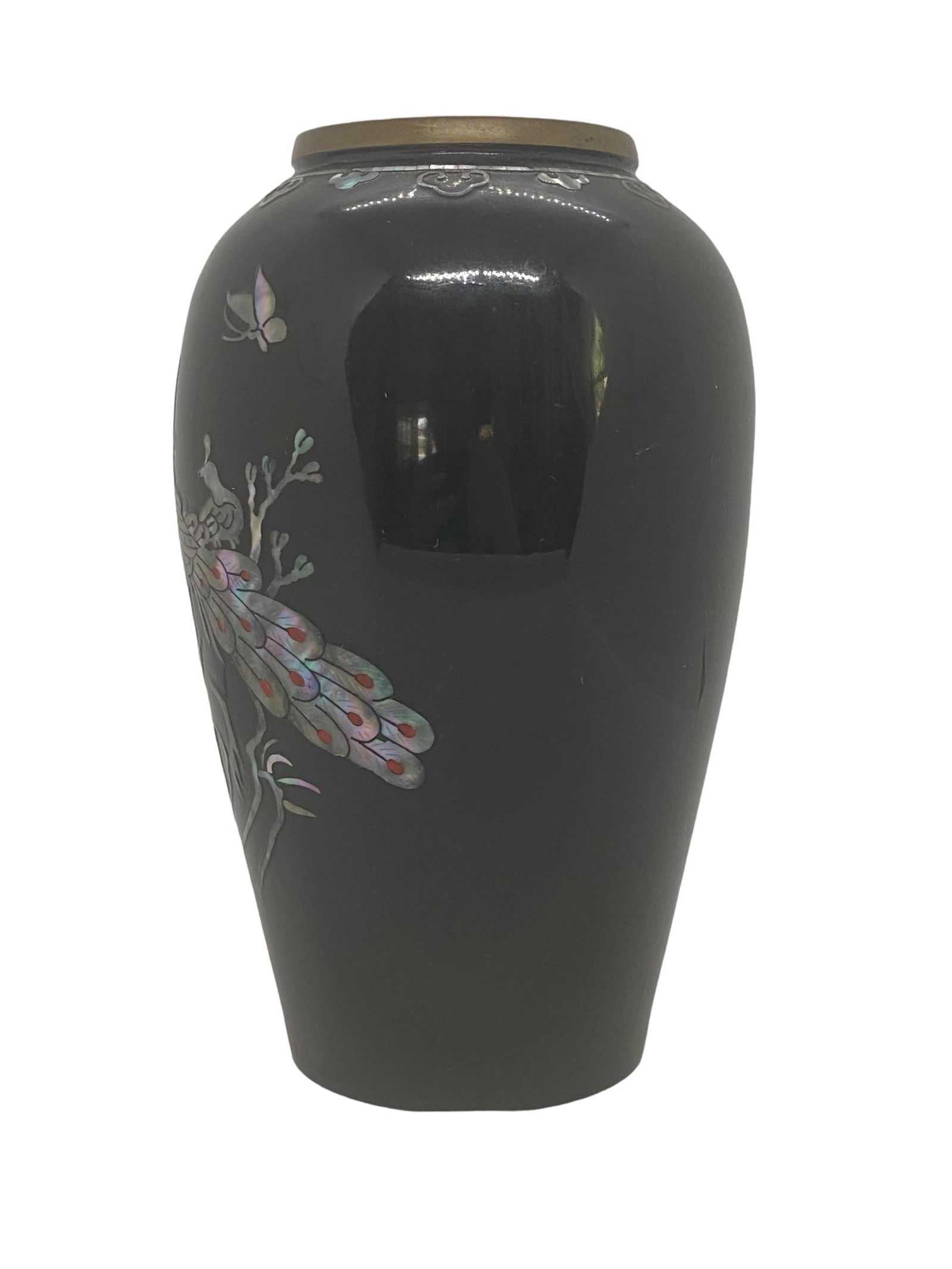 1970's Peacock Design Black Vase Mother of Pearl Abalone Mosaic Enamel Over Brass - 3