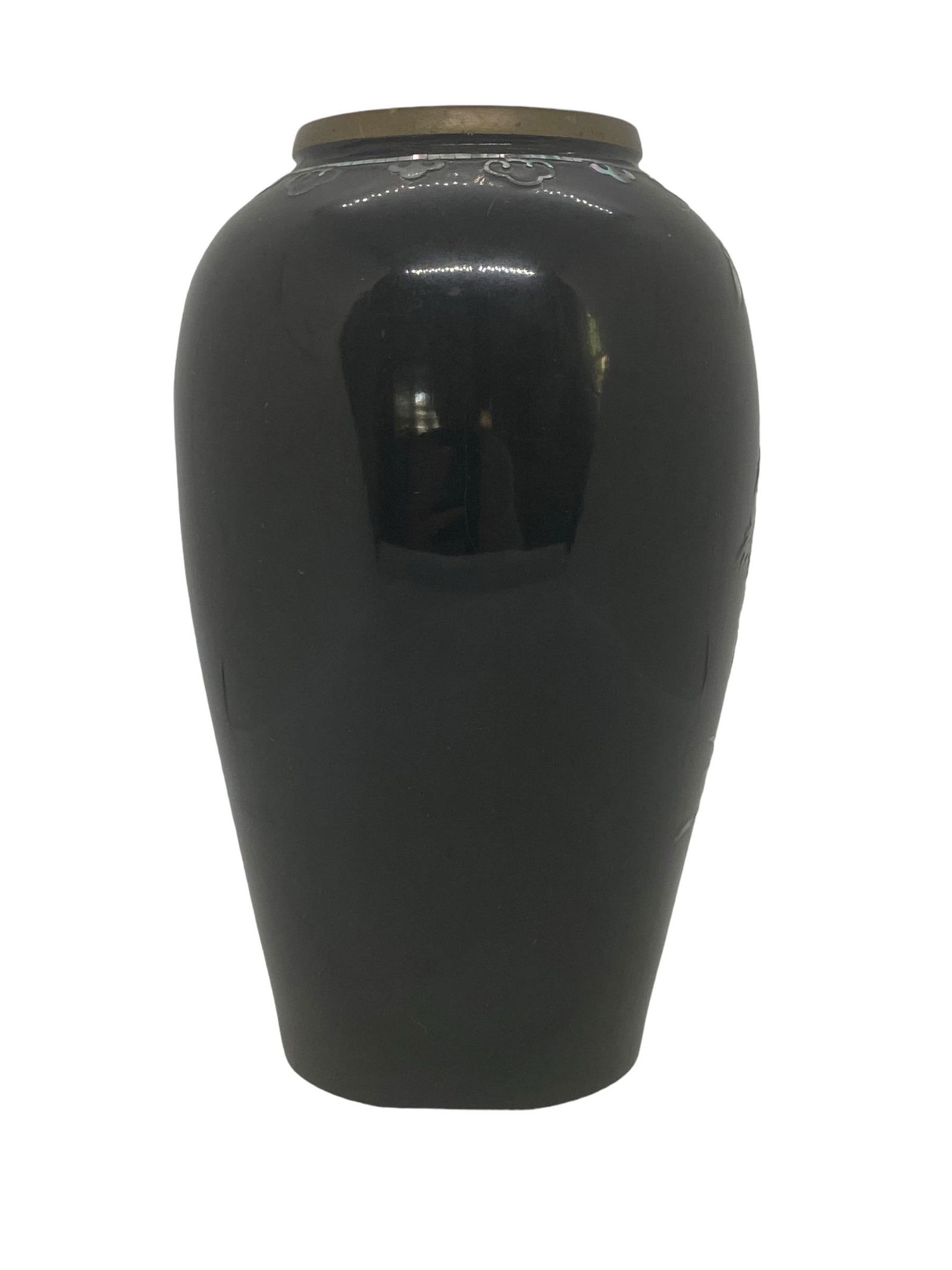 1970's Peacock Design Black Vase Mother of Pearl Abalone Mosaic Enamel Over Brass - 5