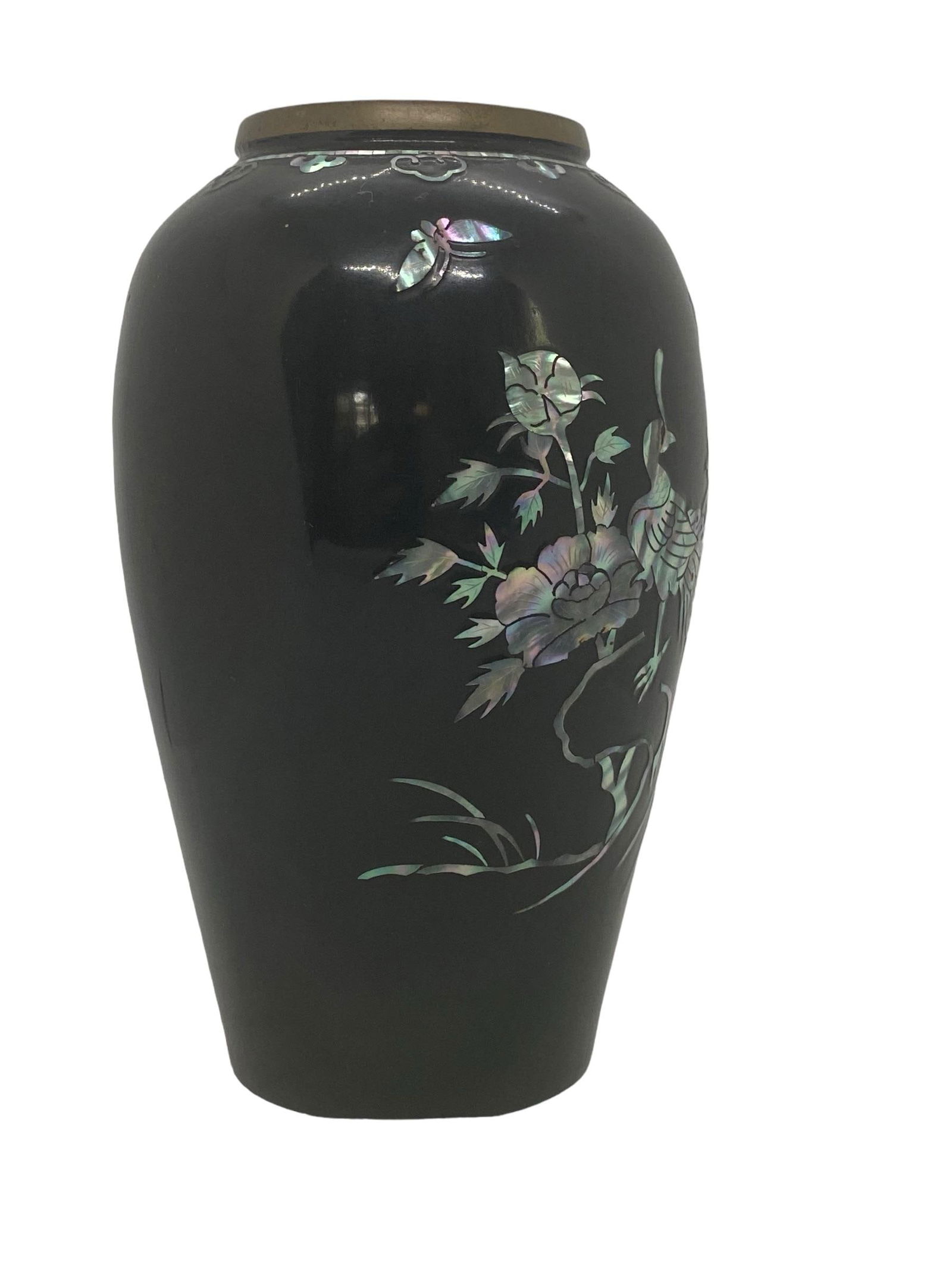 1970's Peacock Design Black Vase Mother of Pearl Abalone Mosaic Enamel Over Brass - 6