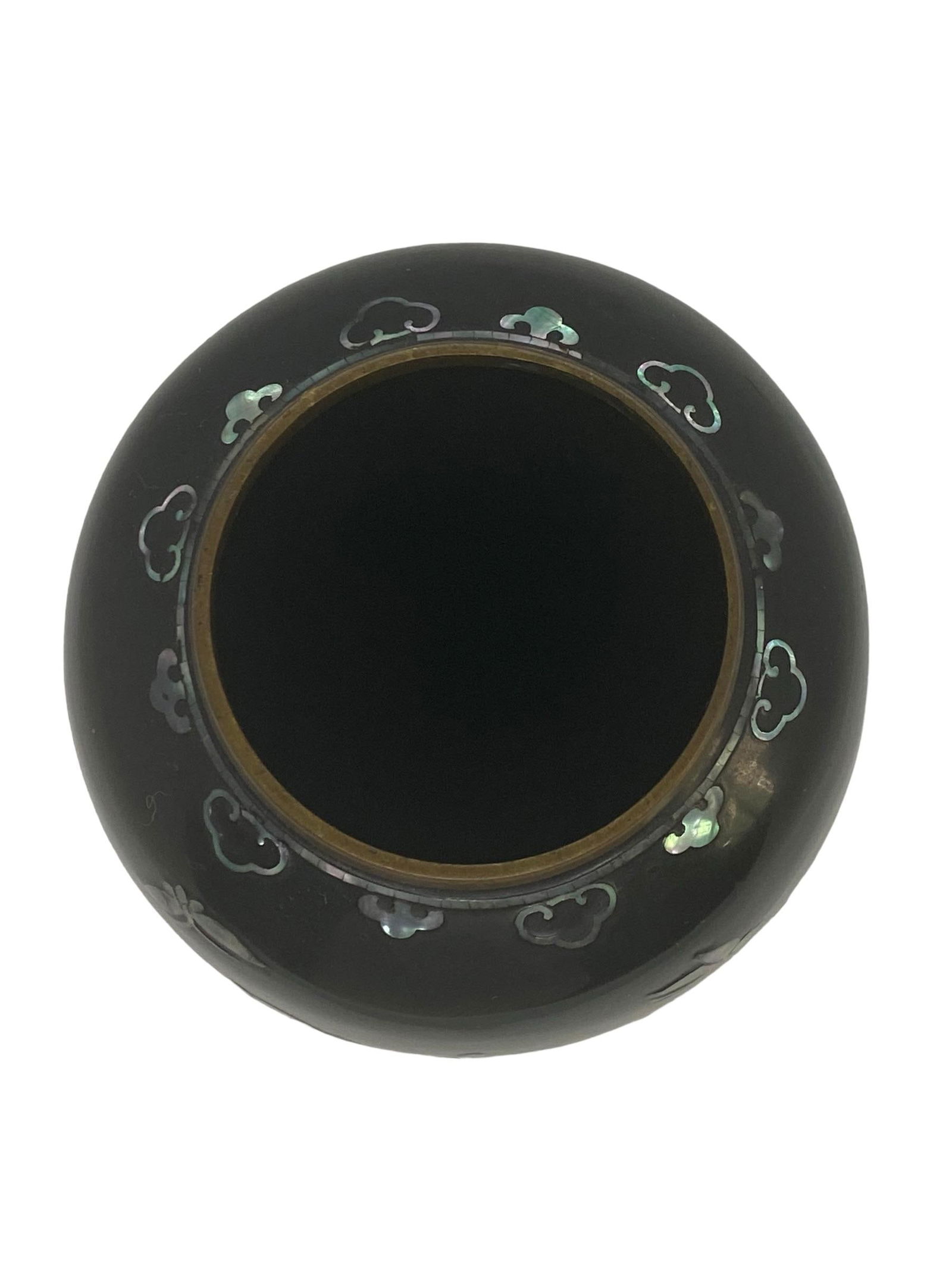 1970's Peacock Design Black Vase Mother of Pearl Abalone Mosaic Enamel Over Brass - 7