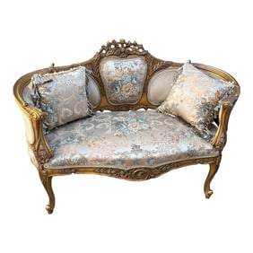 1960s French Style Settee Gold Leaf Loveseat Sofa