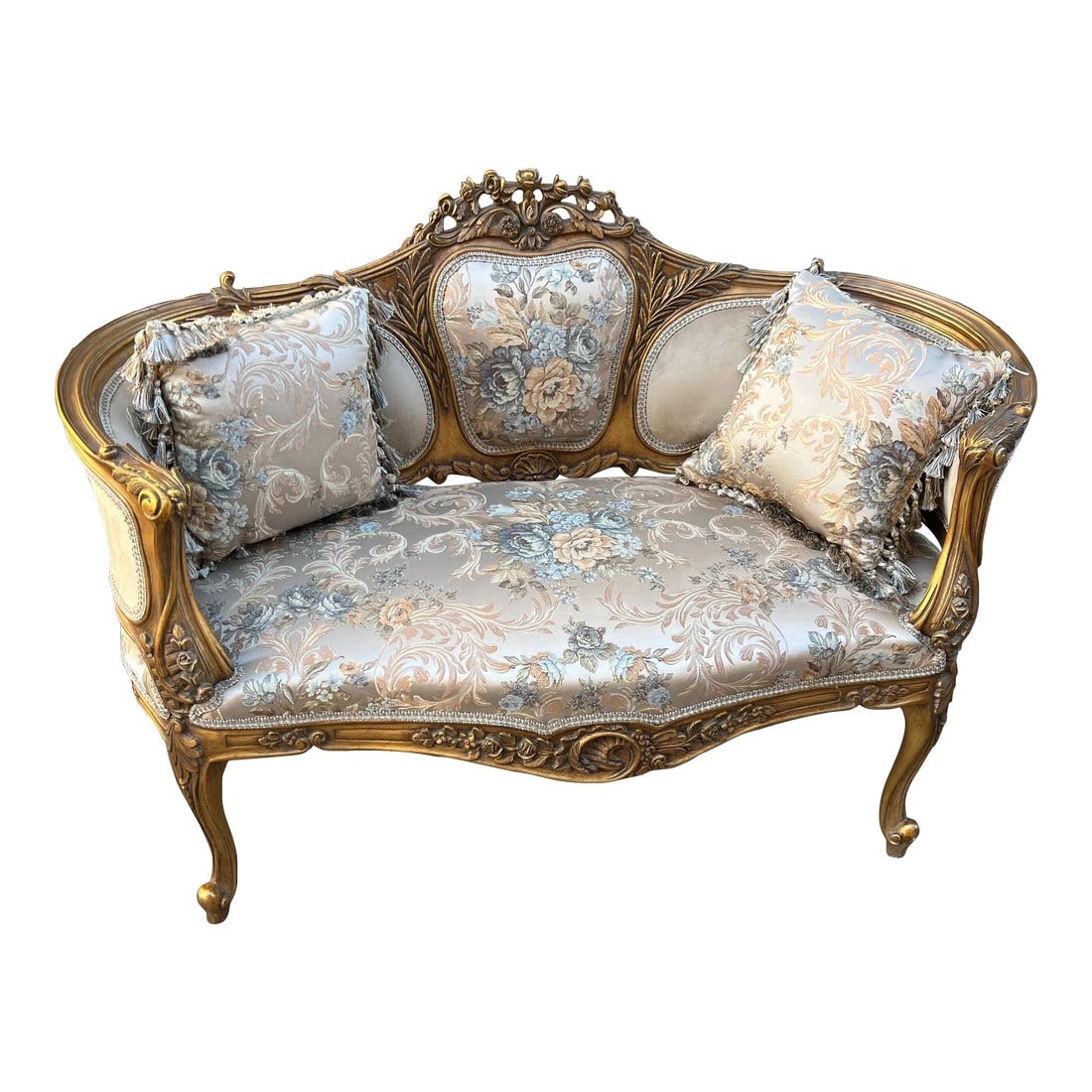 1960s French Style Settee Gold Leaf Loveseat Sofa: This elegant Vintage Antique gold frame Settee would be a wonderful addition to any space. Although small in stature, the delicate details on the curved arms and carved legs make this piece is an eleg