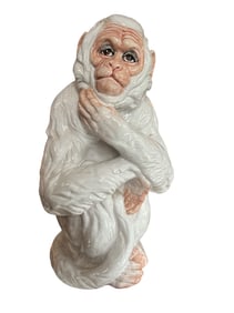 Large 1960s Italian Faenza Barbotine Ceramic Statue of a White Majolica Capuchin Monkey