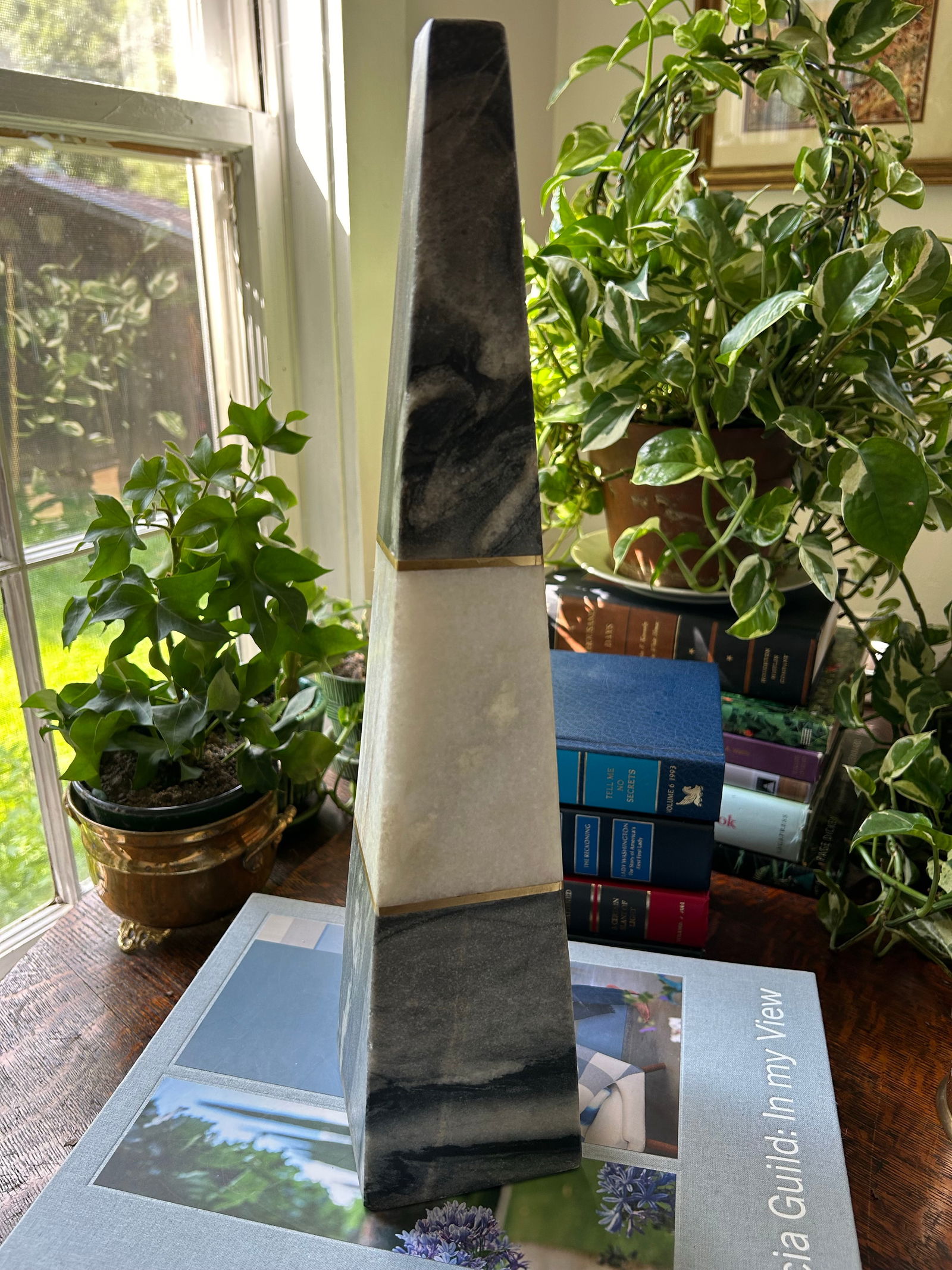 Contemporary Two Toned Grey Marble Obelisk With Brass Inlay - 2