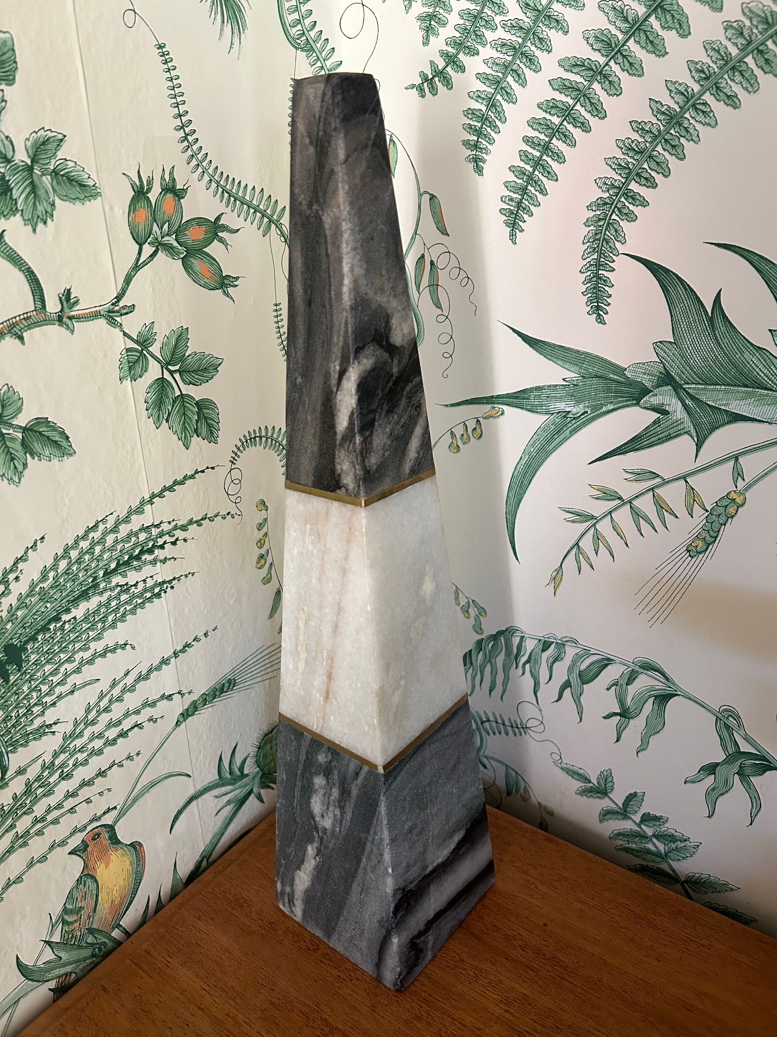 Contemporary Two Toned Grey Marble Obelisk With Brass Inlay - 3