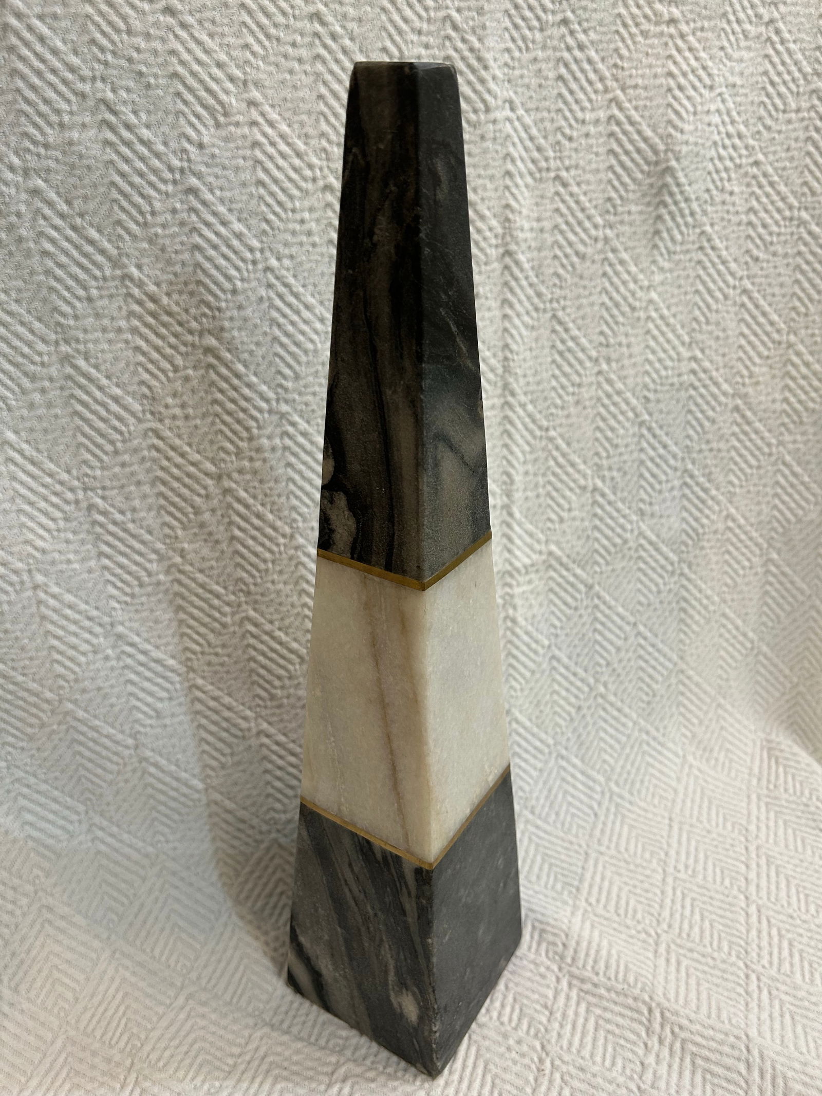 Contemporary Two Toned Grey Marble Obelisk With Brass Inlay - 5