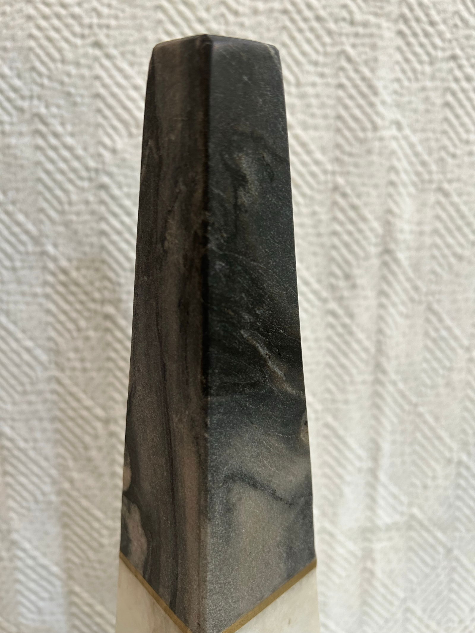 Contemporary Two Toned Grey Marble Obelisk With Brass Inlay - 6