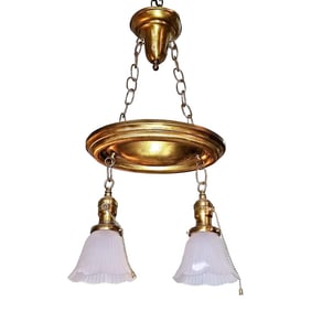 1910s American Double Hanging Shade Ceiling Fixture