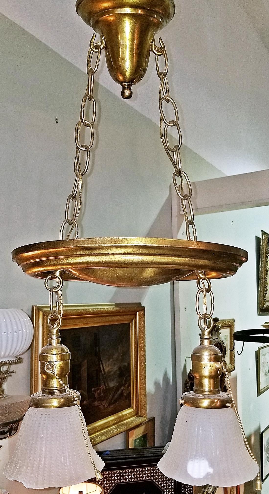 1910s American Double Hanging Shade Ceiling Fixture - 2