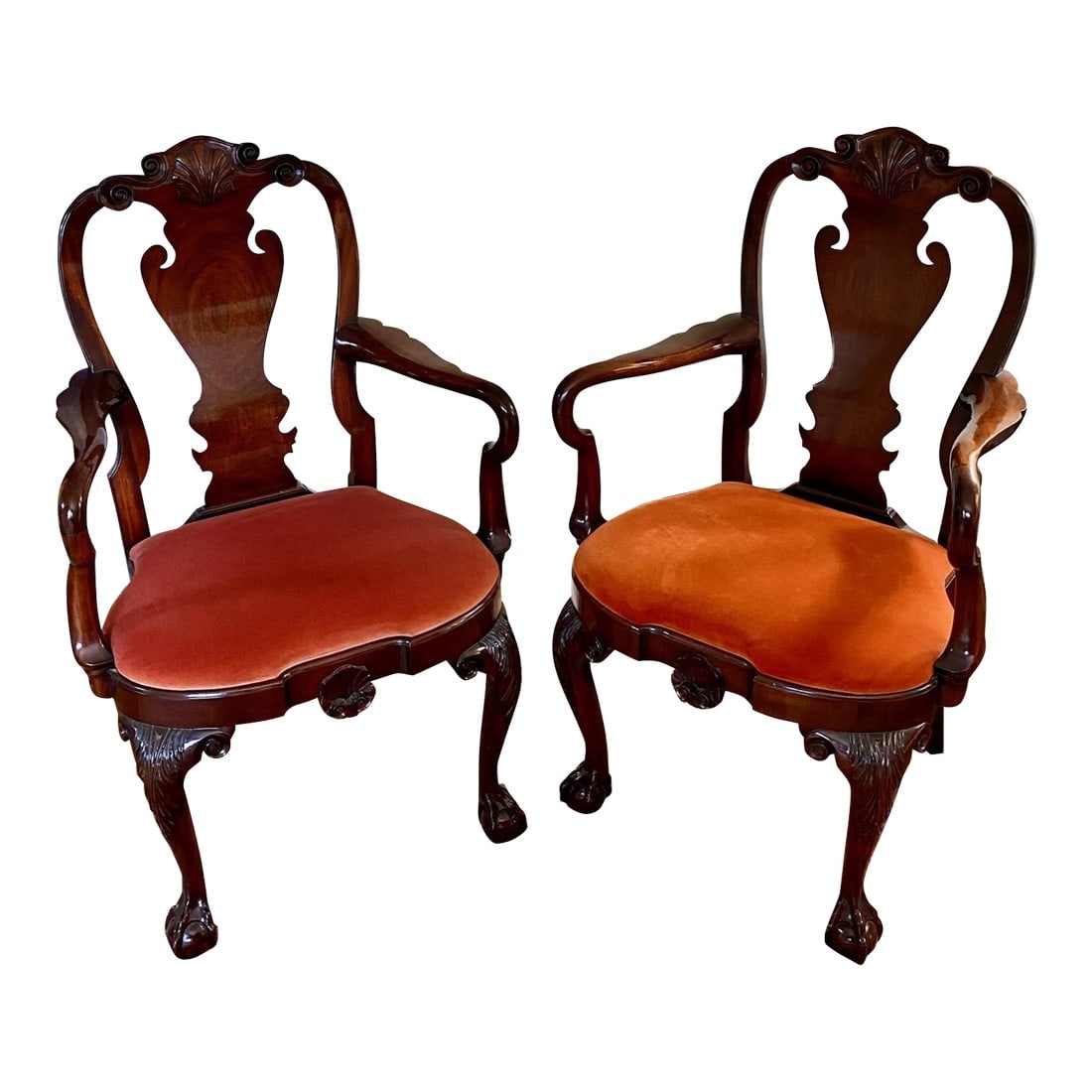 1980s Pair of Red Kindel Winterthur Collection Armchairs - a Pair: The wood of these chairs is in superb condition, showcasing their durability. The original velvet upholstery has aged gracefully, exhibiting minor wear but no rips or stains. The velvet has