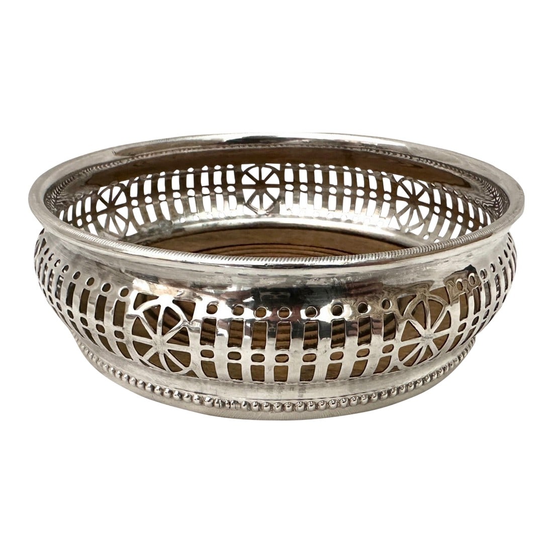 Barker Ellis English Silver Wine Coaster: Vintage Barker Ellis Silver Wine Coaster. Silver with a wood center. Perfect for special occasions or Holidays. Stamped on bottom, no silver mark, but did some testing and its definitely plated but