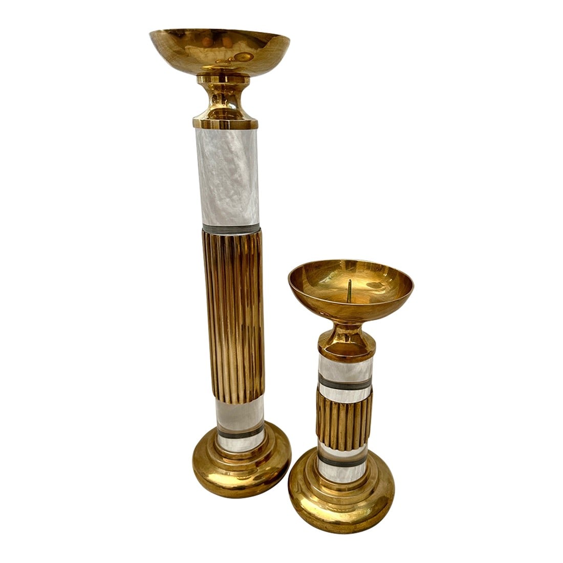 MCM Pair of Brass/Lucite Candle Holders by Dolbi Cashier: Vintage Dolbi Cashier Brass/Lucite Candleholders a pair. Beautiful pair that shine in the sunlight. Great patina with the lucite. Sourced from a private Estate Sale in Rancho Mirage Dolbi Cashier