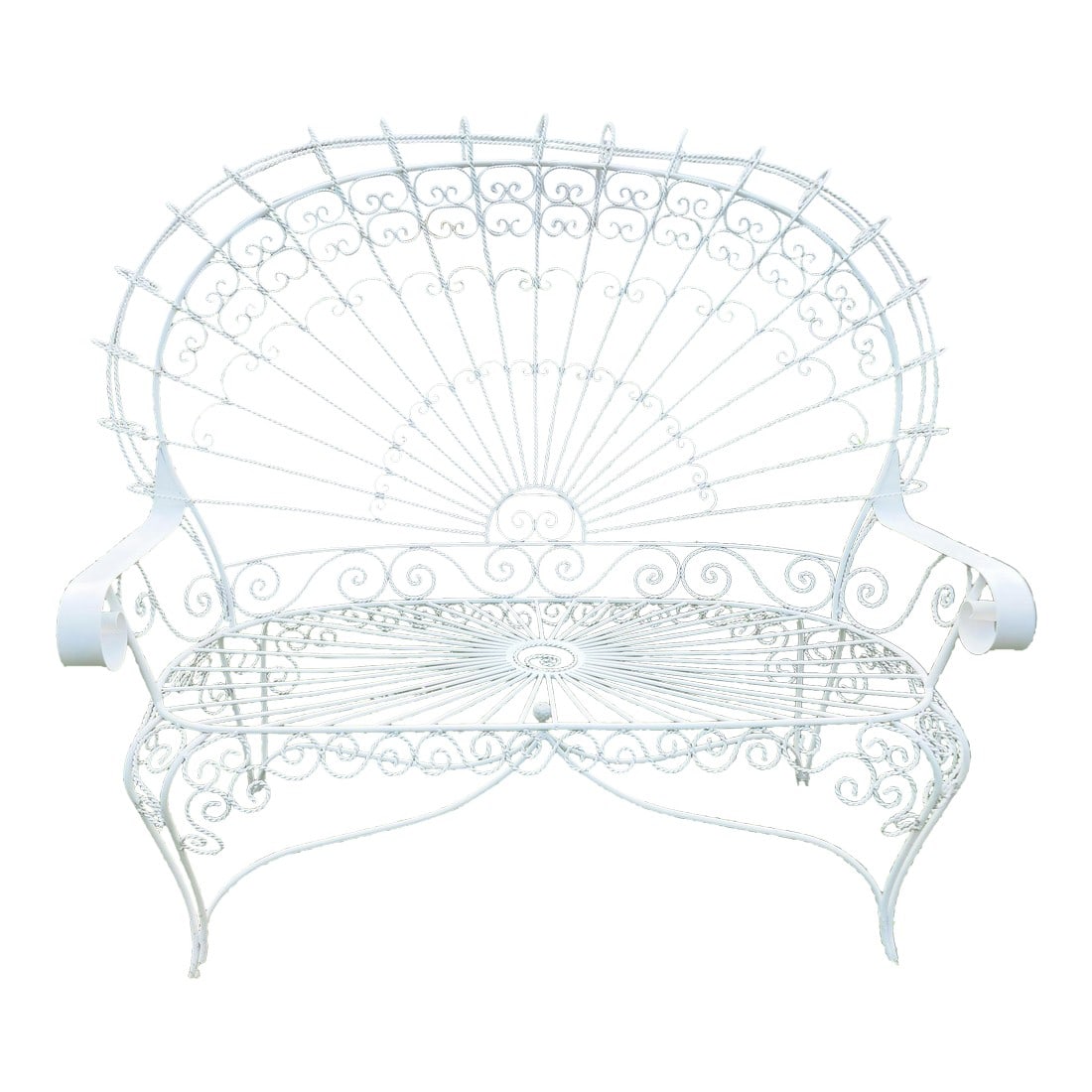 Vintage White Metal Salterini Style Peacock Settee: This vintage Boho wrought iron peacock settee, inspired by Salterini, combine intricate ironwork with a whimsical design, perfect for adding a touch of retro glamour to any space. Circa mid 20th
