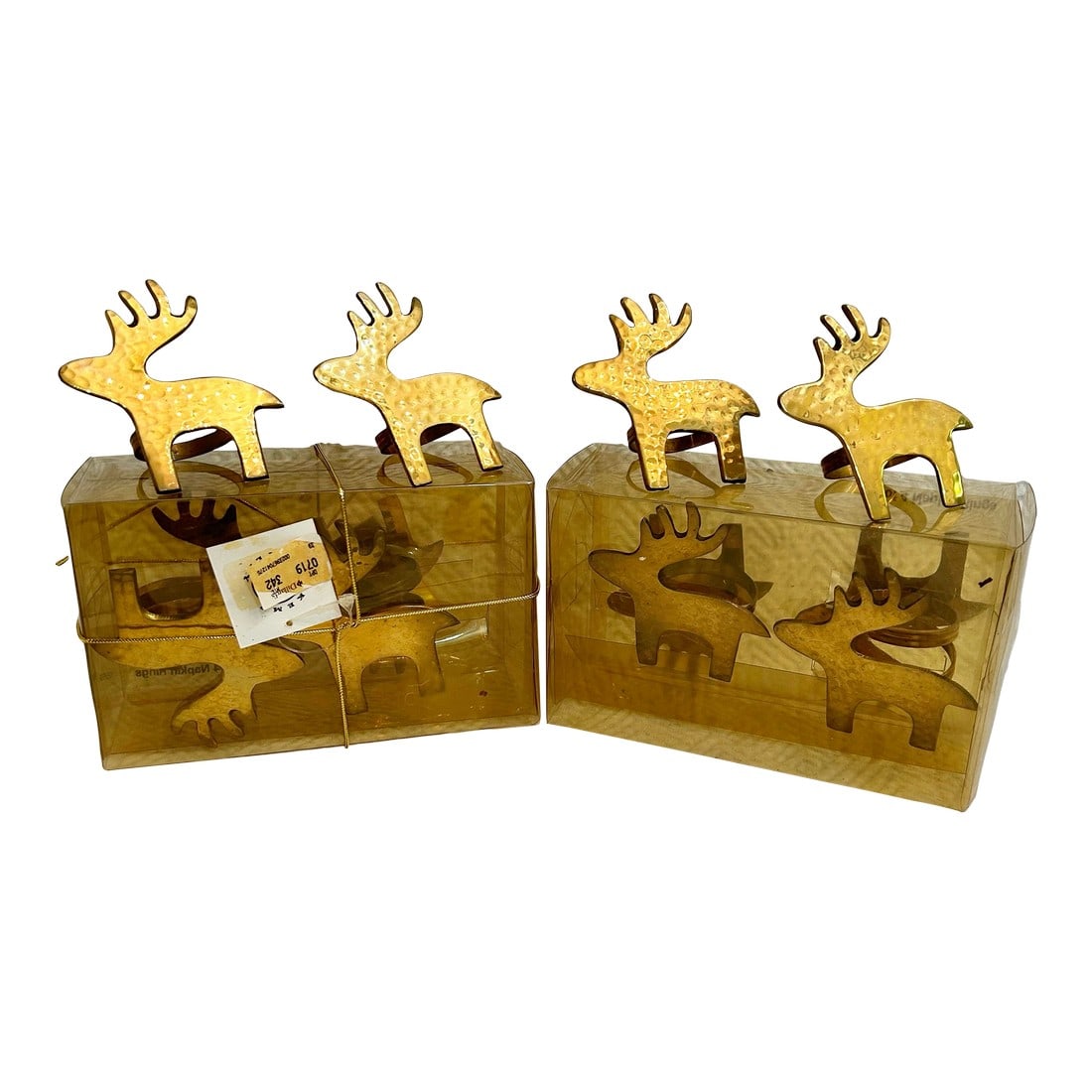1980's Kemp and Beatley Hammered Brass Reindeer Napkin Rings - a Set of 12: Ready for your holiday table "¦ this set of 12 hammered brass napkin rings are in the shape of whimsical reindeer. Sold by Kemp and Beatley in the 1980's the set will add vintage charm to your