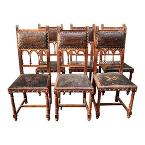 Set of 6 Antique Late 1800s French Henri II Walnut Dining Chairs With Leather Upholstery