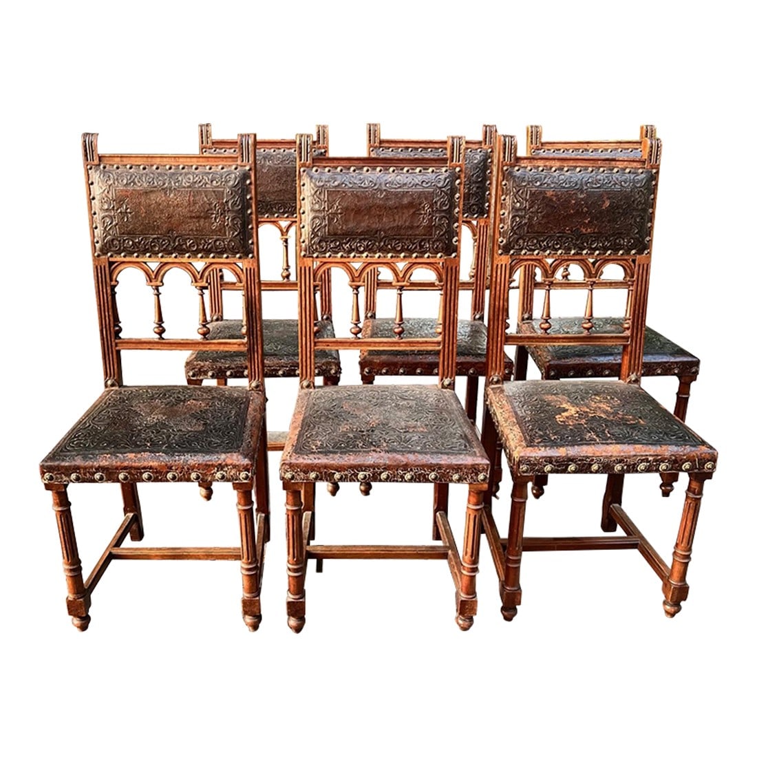 Set of 6 Antique Late 1800s French Henri II Walnut Dining Chairs With Leather Upholstery (1 of 12)