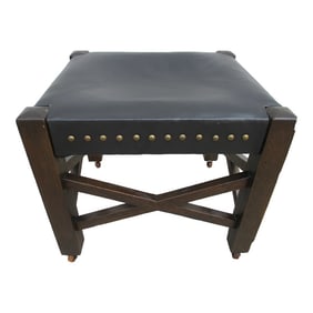 Mission Arts & Crafts Style Black Leather Footstool on Wooden Casters