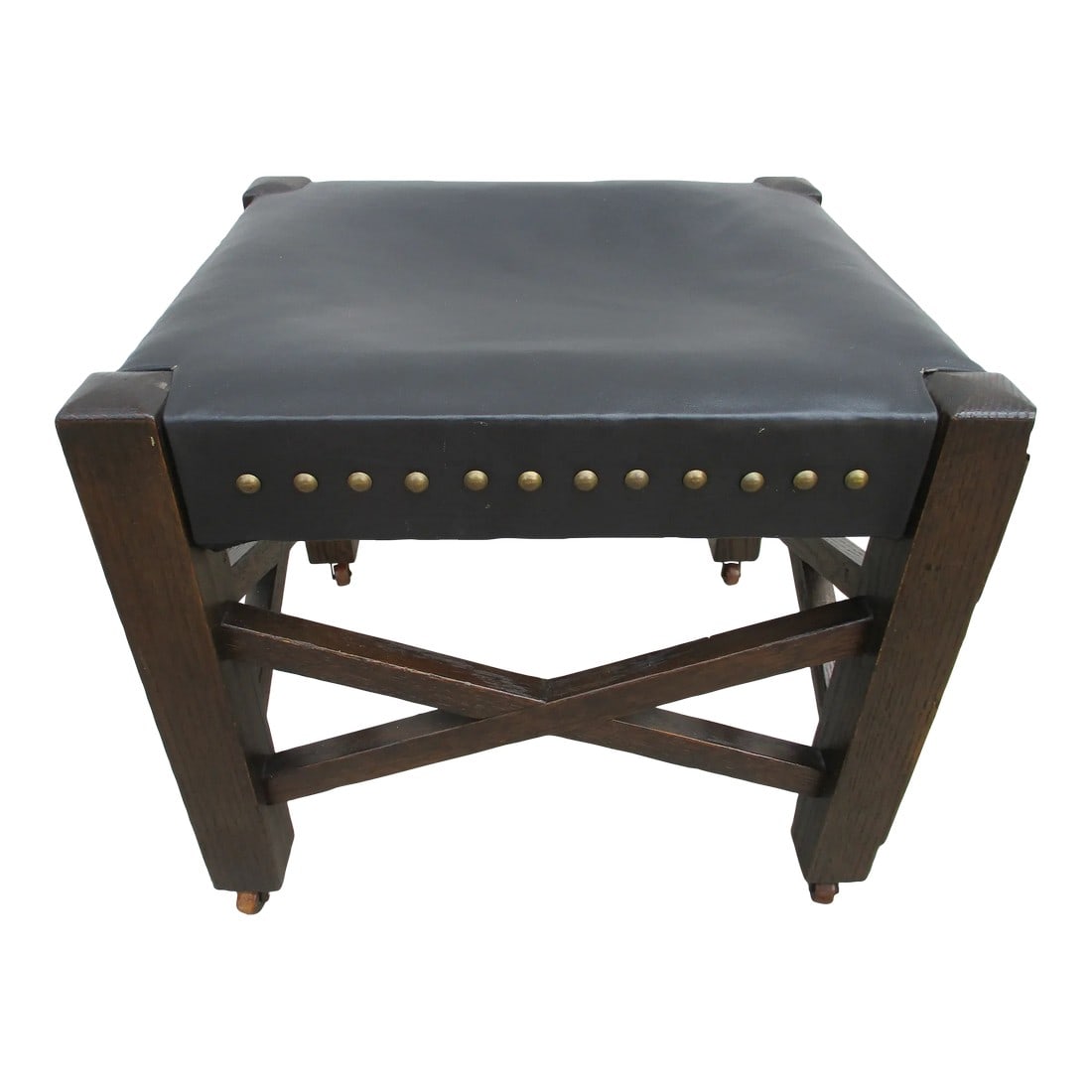 Mission Arts & Crafts Style Black Leather Footstool on Wooden Casters (1 of 11)