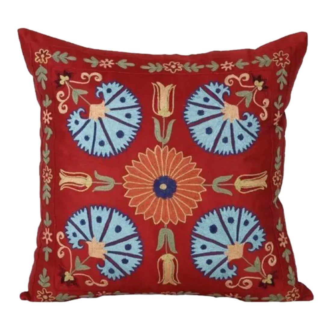 Uzbek Red Suzani Cushion Cover: Uzbek Red Suzani Cushion Cover, Suzani Pillow Case Made From a 19th Century Suzani, Uzbekistan, Square Cover Suzani is an exquisite fabric, every piece is unique but can also contain small