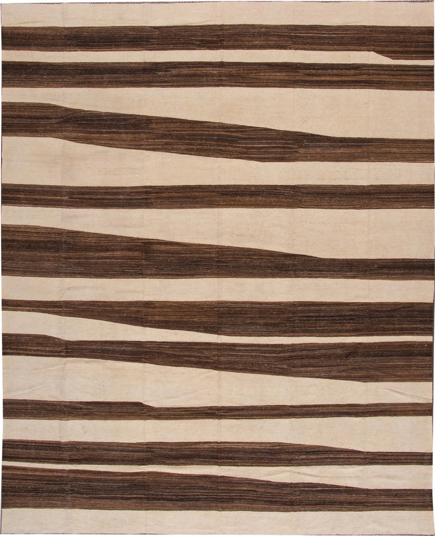 21st Century Modern Kilim Rug 12'x15': Beautiful hand-knotted modern Kilim rug with an ivory field, and brown accents an allover design. This rug measures 11' 9" x 14' 10". Condition: Imperfections: No Imperfections Dimensions: