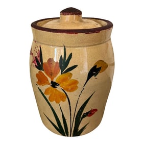 Vintage Hand Painted Stoneware Crock or Jar With Lid
