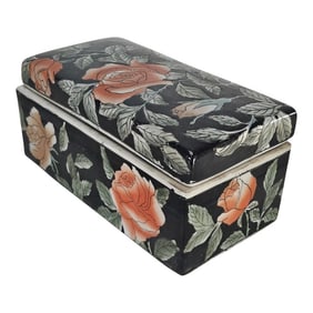 1970s Chinese Porcelain Floral Relief Box, Hand-Painted Black Glazed Decorative Vessel