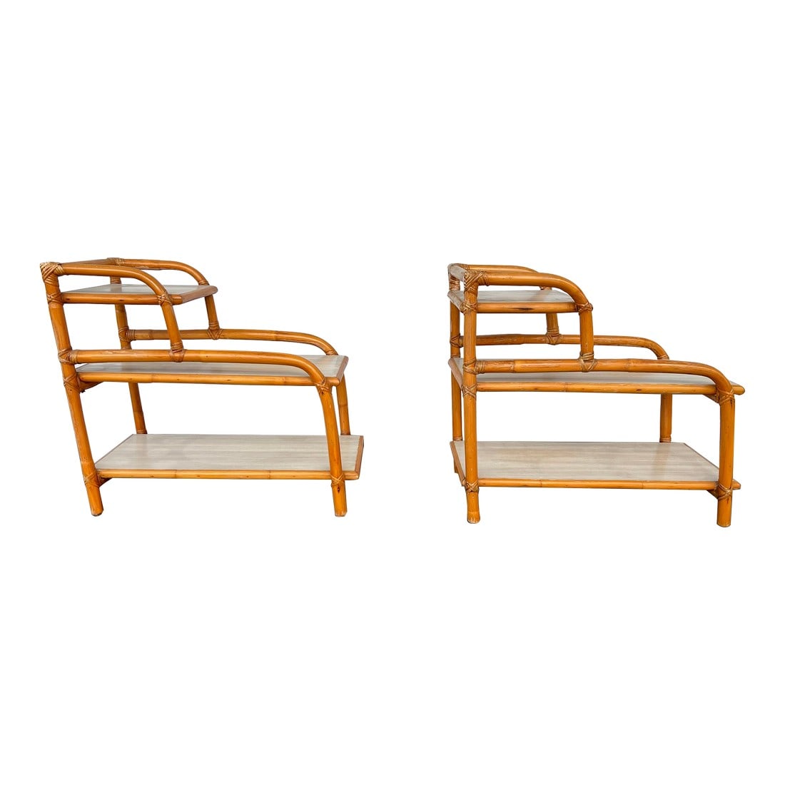 1950s Mid Century 3 Tier Bent Bamboo Side Tables - a Pair: 1950s , Mid Century pair of side tables. Three tier bent bamboo frame with formica top. Great items for a Hollywood Regency Coastal room. Solid and sturdy tables. These were from a 1953 summer home