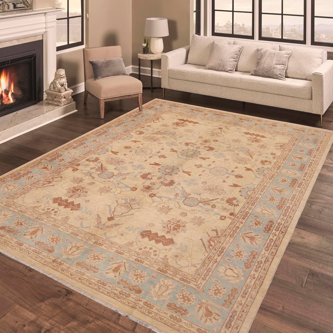 Classic Ziegler Beige Blue Hand-Knotted Wool Rug - 9'1'' X 11'3'' - 2