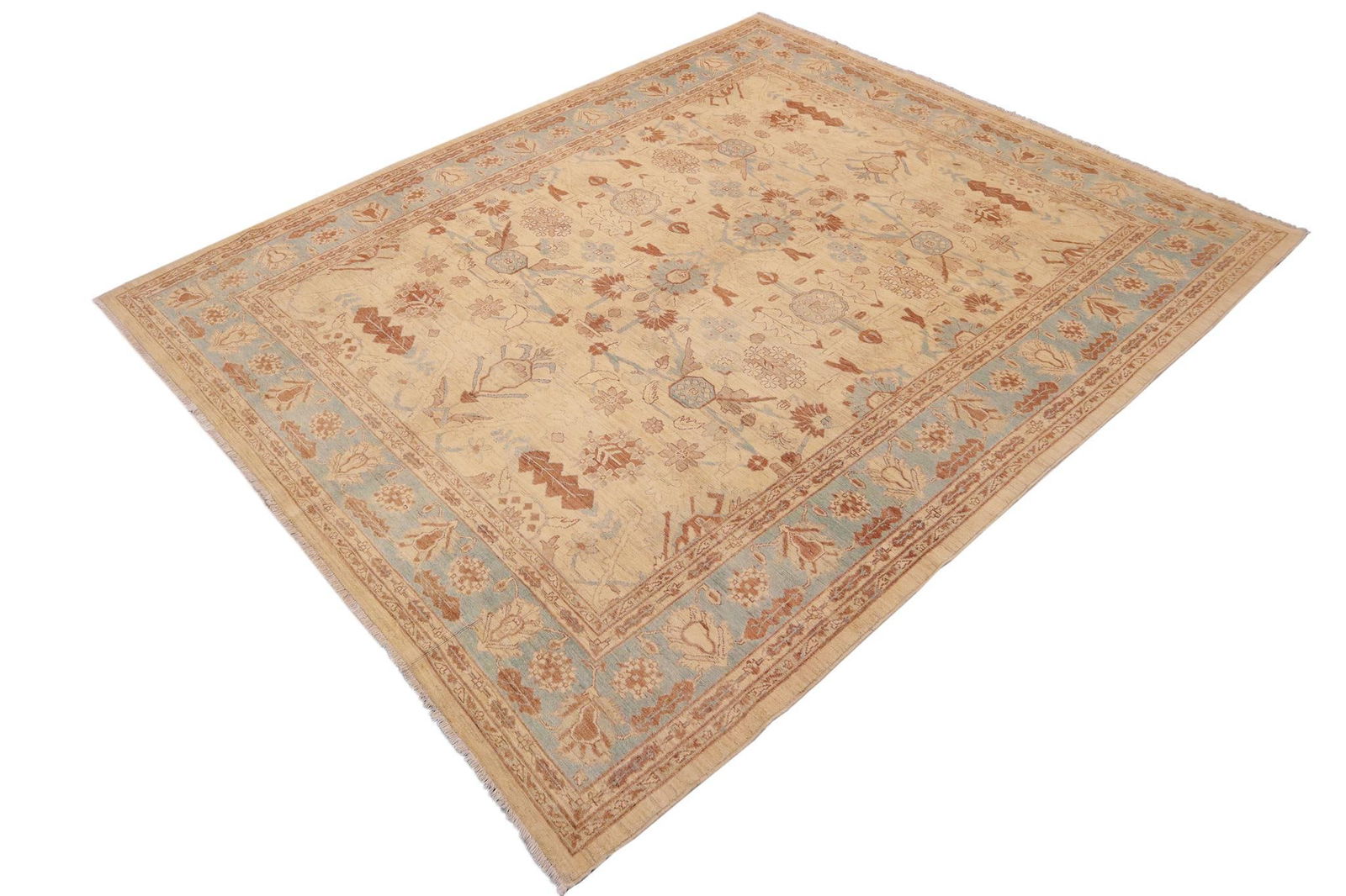 Classic Ziegler Beige Blue Hand-Knotted Wool Rug - 9'1'' X 11'3'' - 3