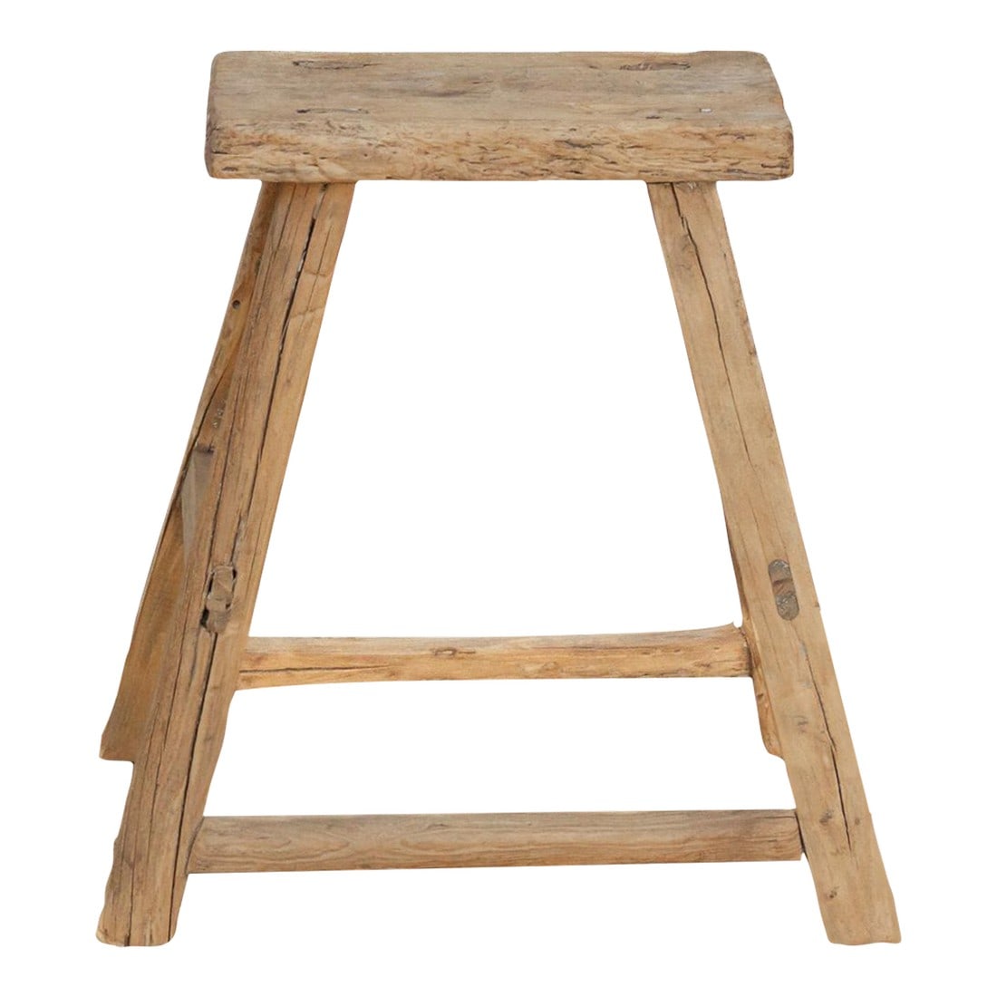 Antique Charming Country Stool: Full of age and character, this farmhouse style joint stool has a weathered look. This antique Asian stool has a stretcher base with distressed bleached finish. A rustic small end table for a living r