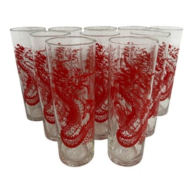 Vintage Red Dragon Chinoiserie Hiball Glasses - Set of 10