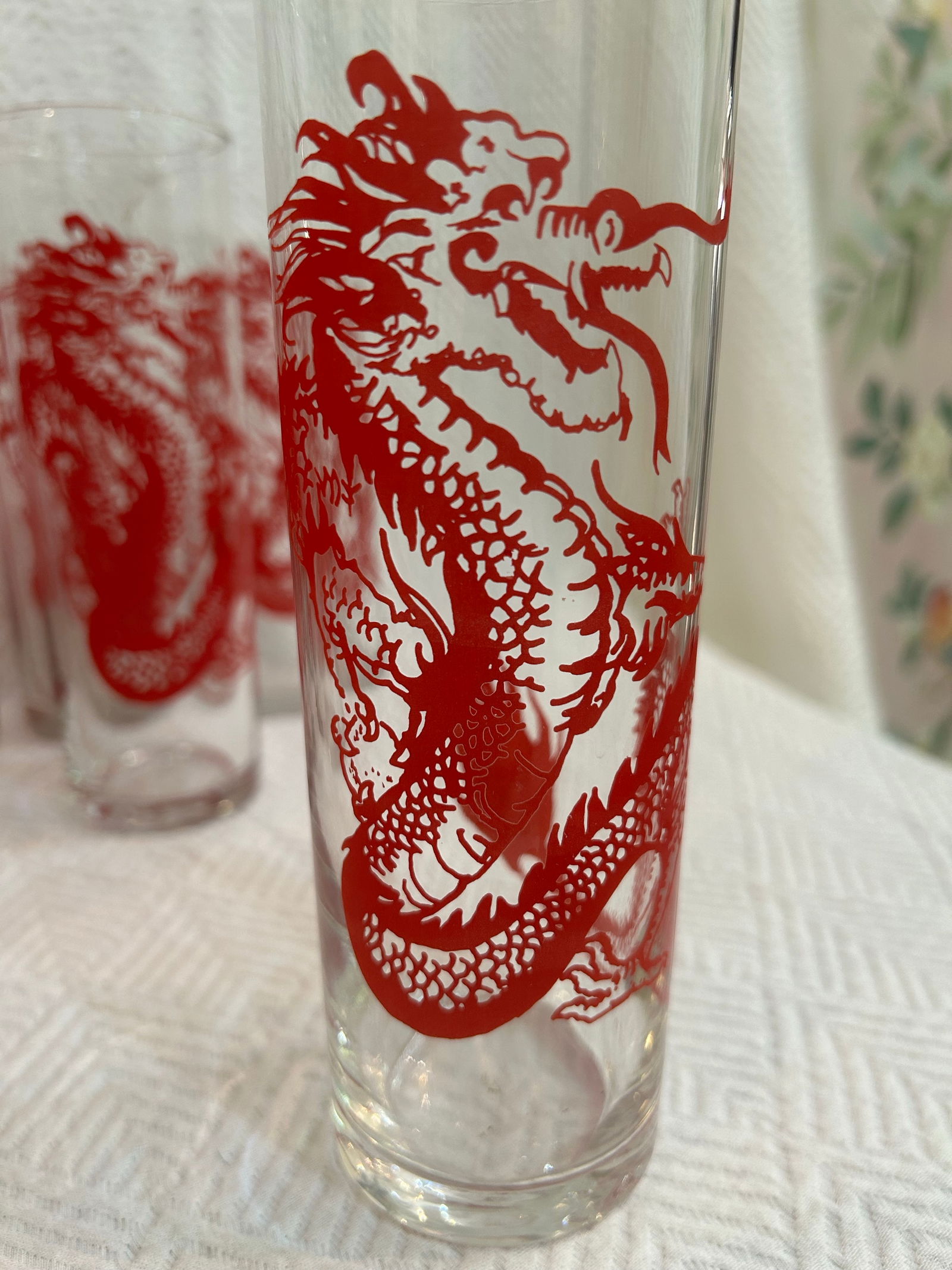 Vintage Red Dragon Chinoiserie Hiball Glasses - Set of 10 - 2