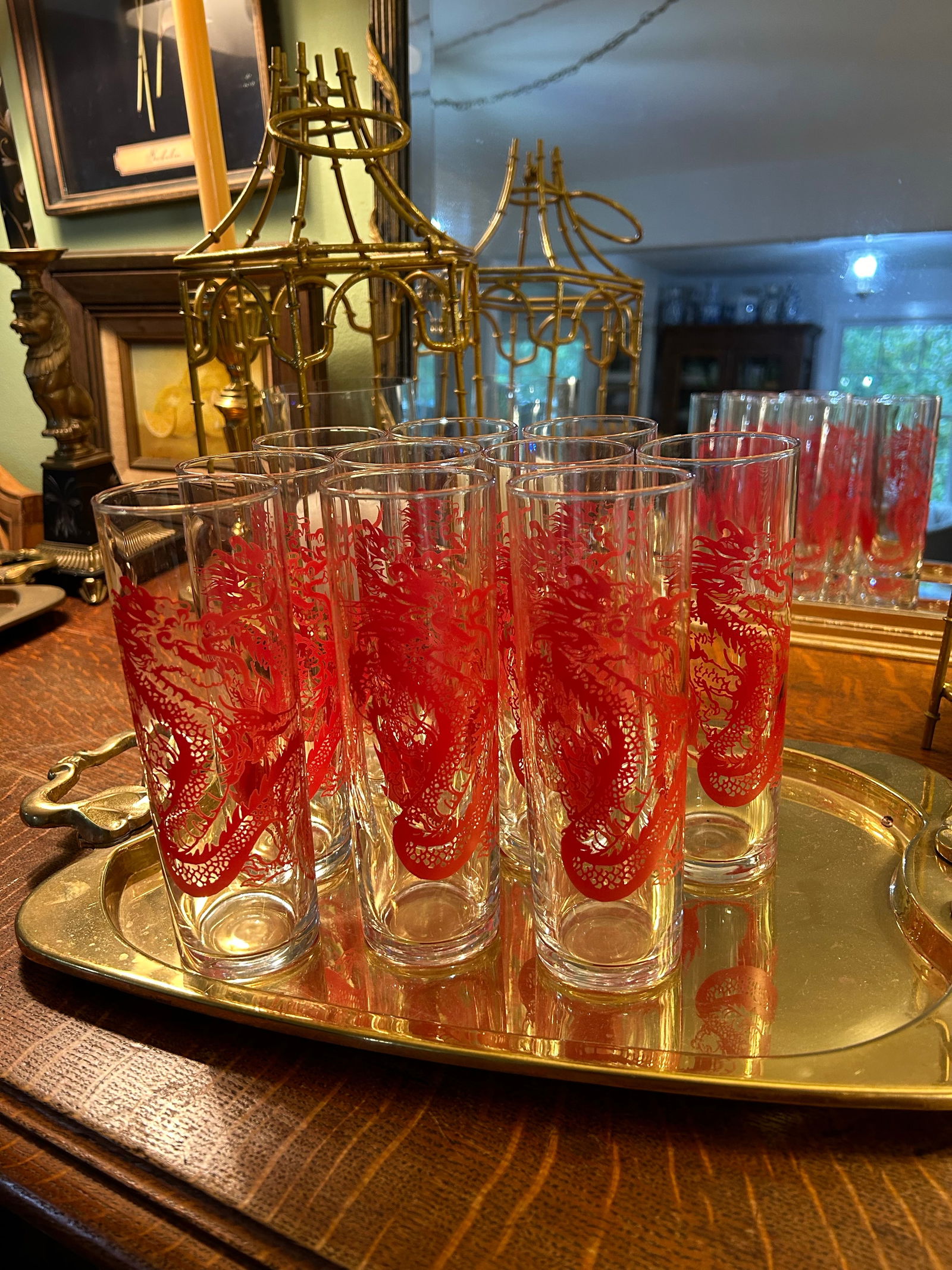 Vintage Red Dragon Chinoiserie Hiball Glasses - Set of 10 - 6