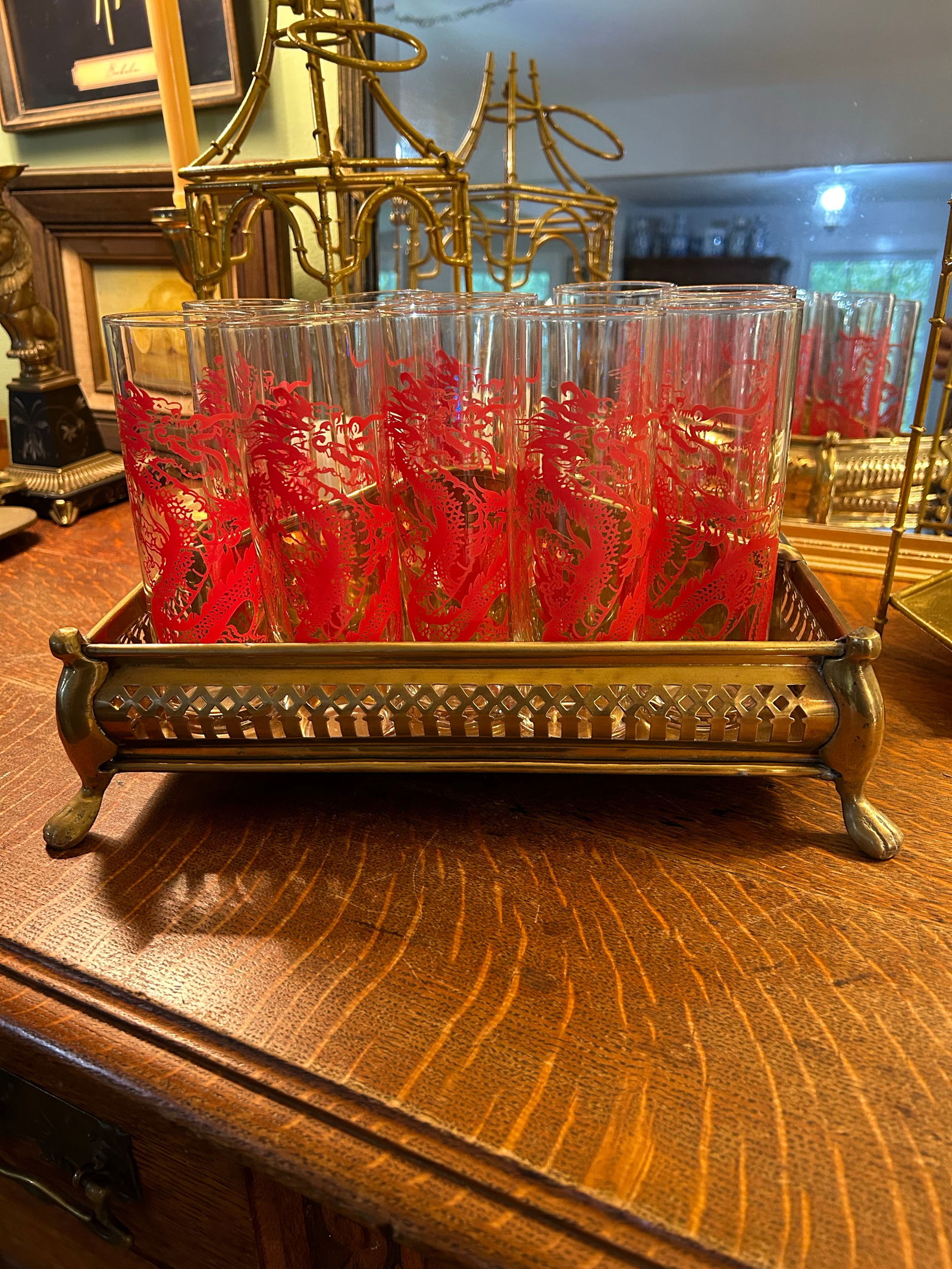 Vintage Red Dragon Chinoiserie Hiball Glasses - Set of 10 - 7