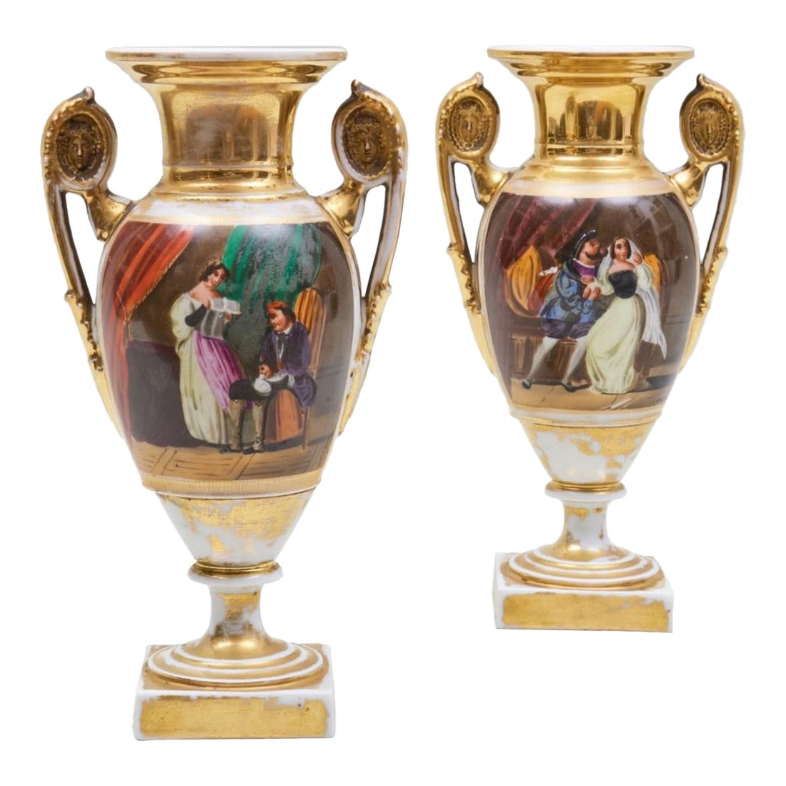 A Pair of 19th Century French Empire Vases Old Paris Porcelain Gilt Ground Pastoral and Figural Mant: A very impairing pair of 19thc French old Paris empire porcelain vases. Decorated with interior screens and country scenes Condition: Alterations: Original Condition Unaltered Imperfections: Some