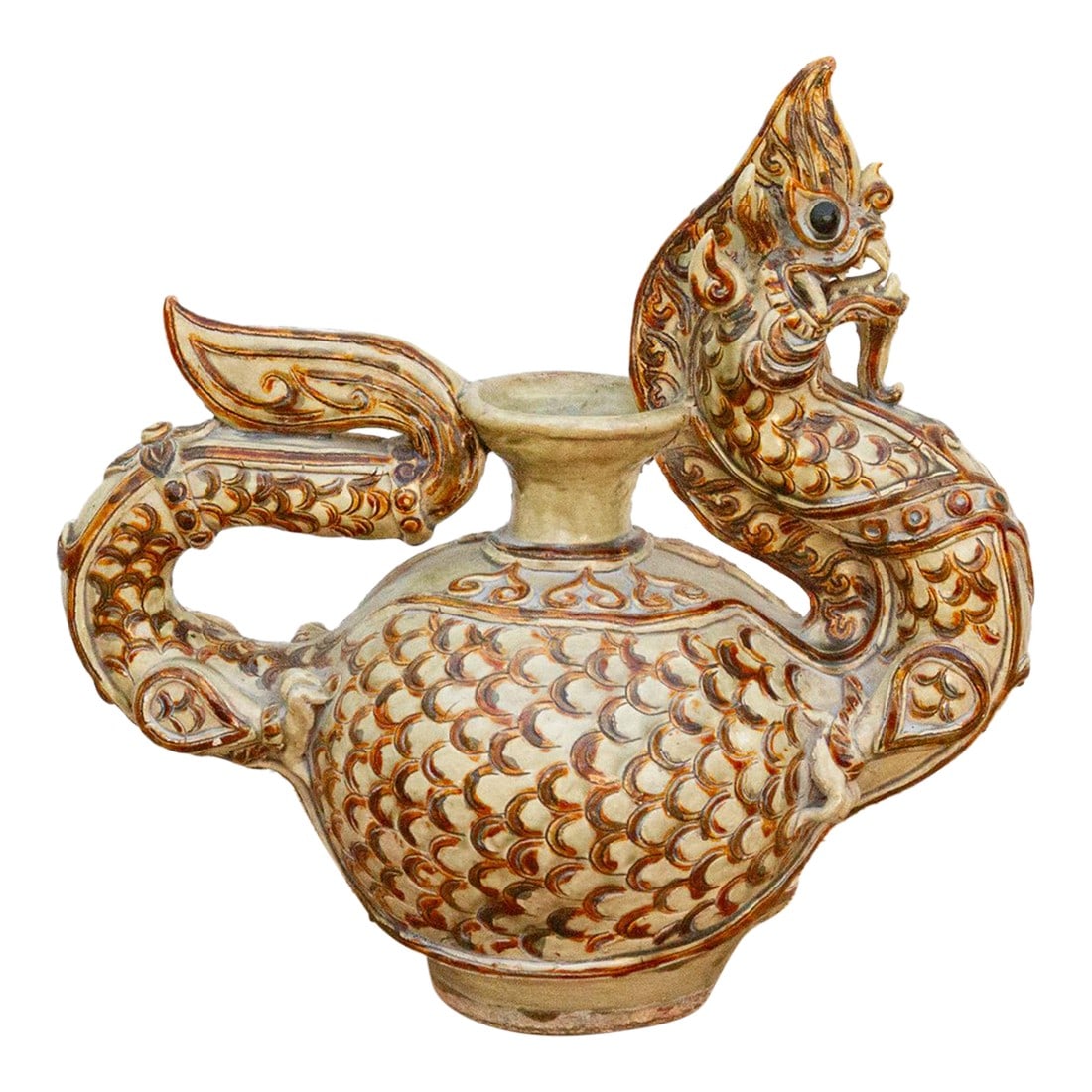 Antique Thai Dragon Motif Pot: A stunning piece of Southeast Asian craftsmanship, this Antique pottery ewer features a sinuous dragon form molded into the globular body. The overlapping scales are intricately painted, creating a