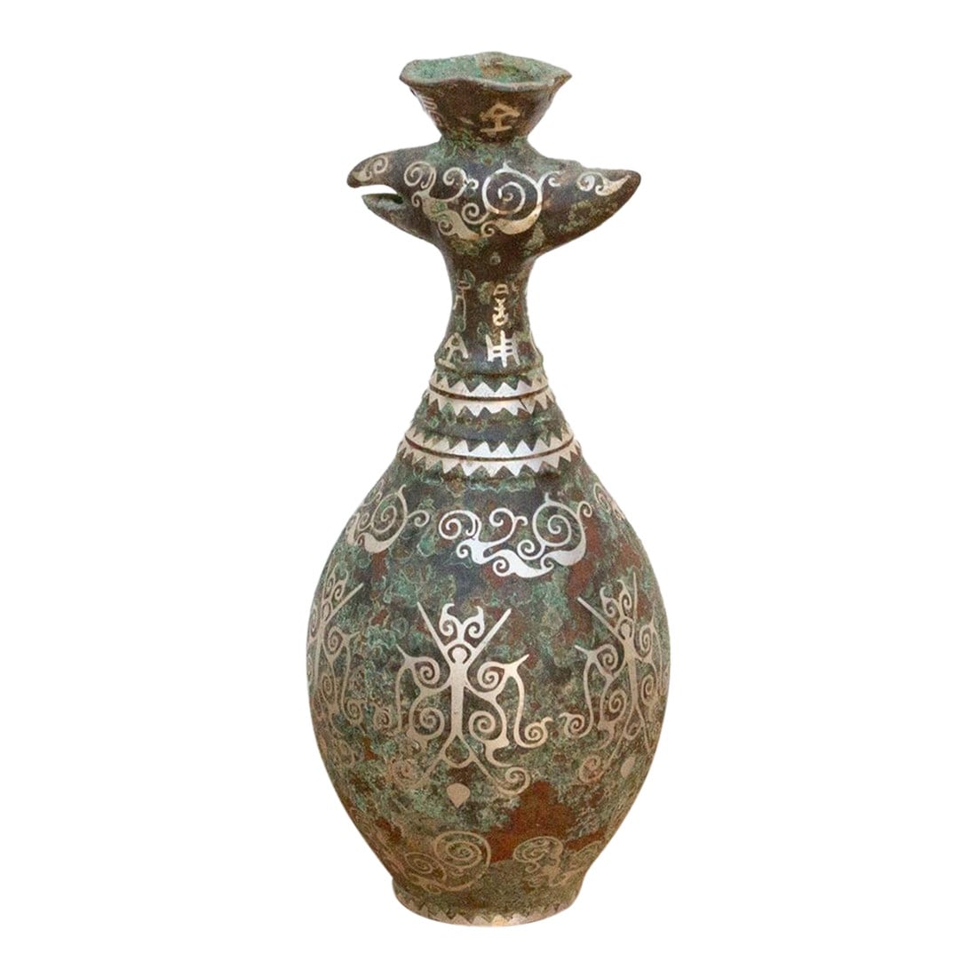Antique Chinese Patinated Bronze Vase: A captivating piece, this bronze vase features intricate archaistic patterns and distinctive silver, brown, and verdigris tones. The neck and rim are adorned with character resembling a bird head, 