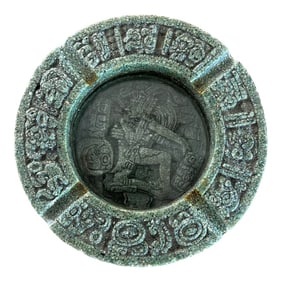 1970s Crushed Malachite Mayan Aztec Motif Round Ashtray