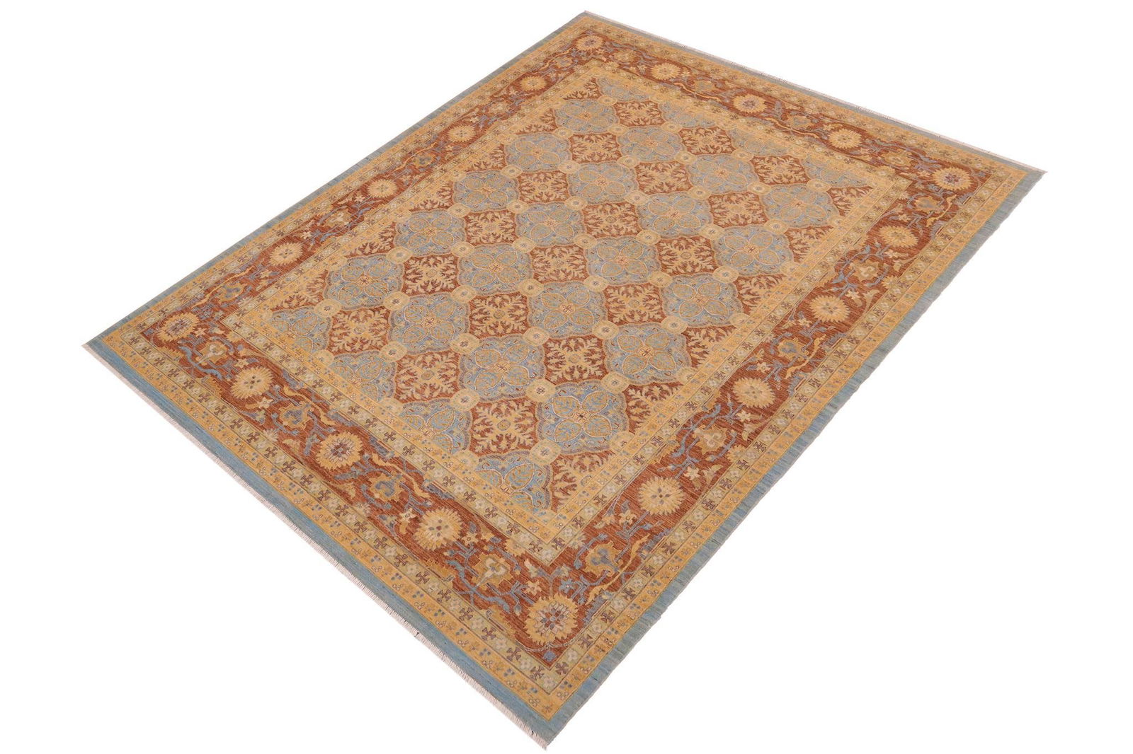 Oriental Ziegler Blue Brown Hand-Knotted Wool Rug - 9'0'' X 12'0'' - 3