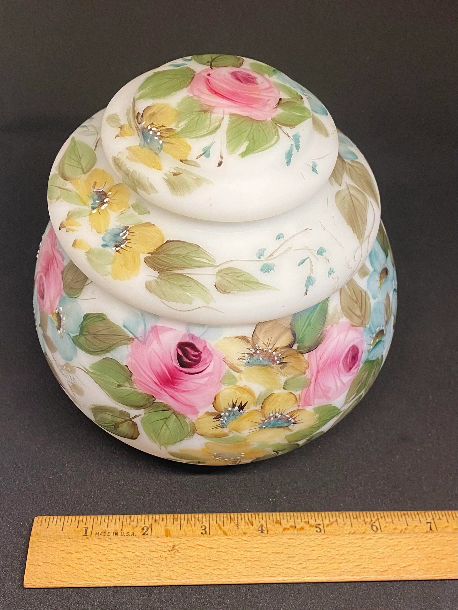 Mid 20th Century L. G. Wright Hand Painted Milk Glass Candy Box With Pink Roses Decoration - 11