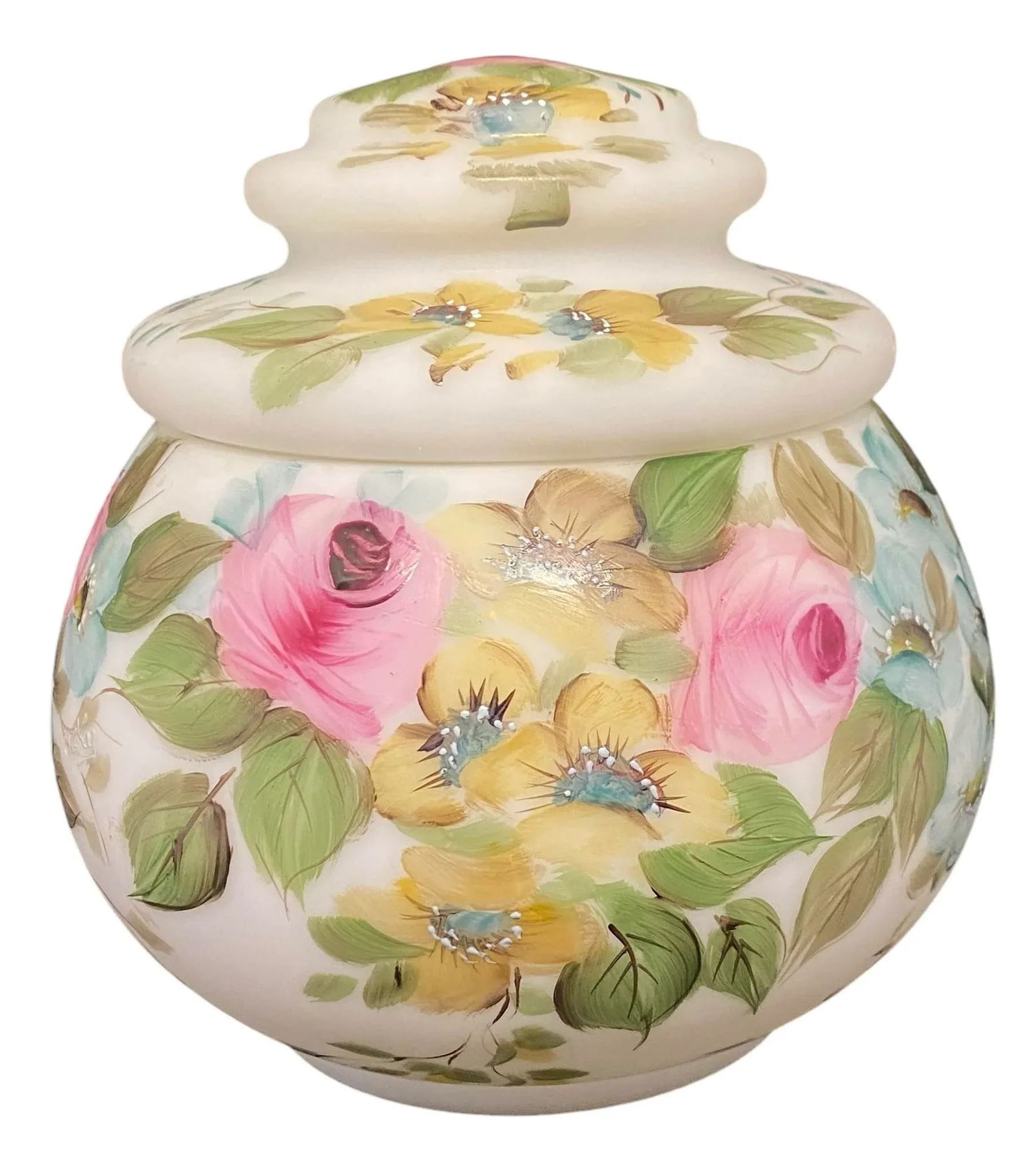 Mid 20th Century L. G. Wright Hand Painted Milk Glass Candy Box With Pink Roses Decoration - 2