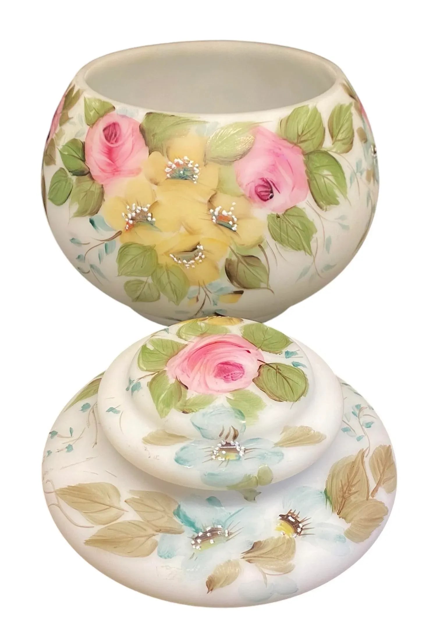 Mid 20th Century L. G. Wright Hand Painted Milk Glass Candy Box With Pink Roses Decoration - 5