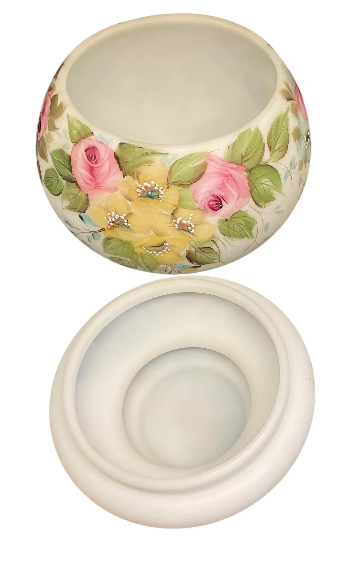 Mid 20th Century L. G. Wright Hand Painted Milk Glass Candy Box With Pink Roses Decoration - 7