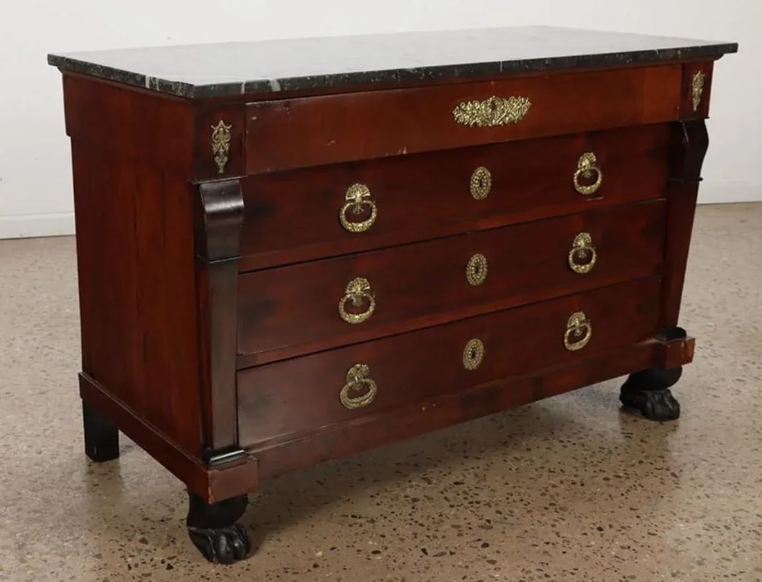 French Bronze Mounted 19thc Empire Black Marble Ropes Commode or Chest of Drawers - 9