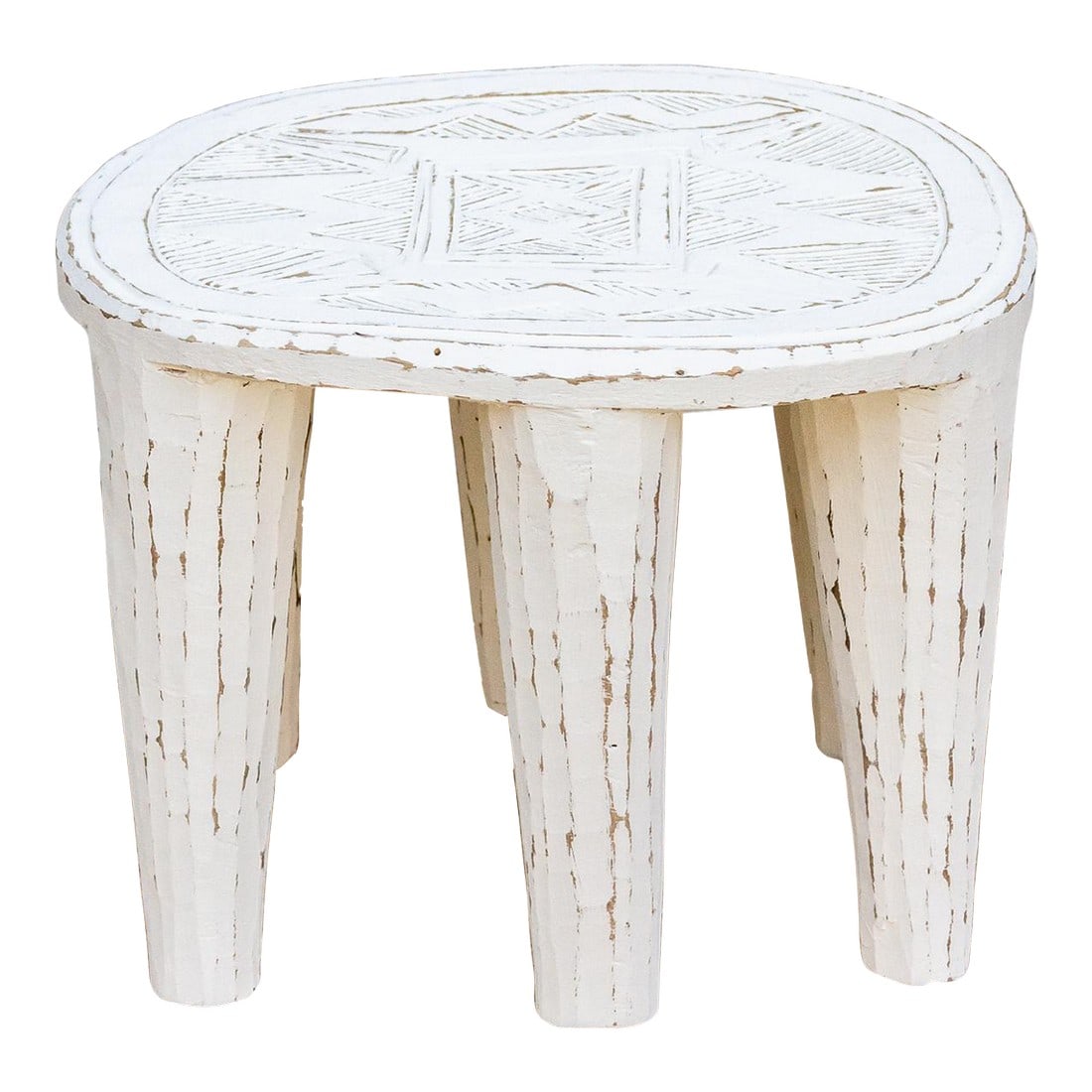 Farmhouse Style Whitewash Nupe Stool: A unique piece of African art, this vintage Nupe table from Nigeria is a must-have for collectors and enthusiasts of Nupe culture. Carved from a single log of wood and standing on 6 chunky tapered