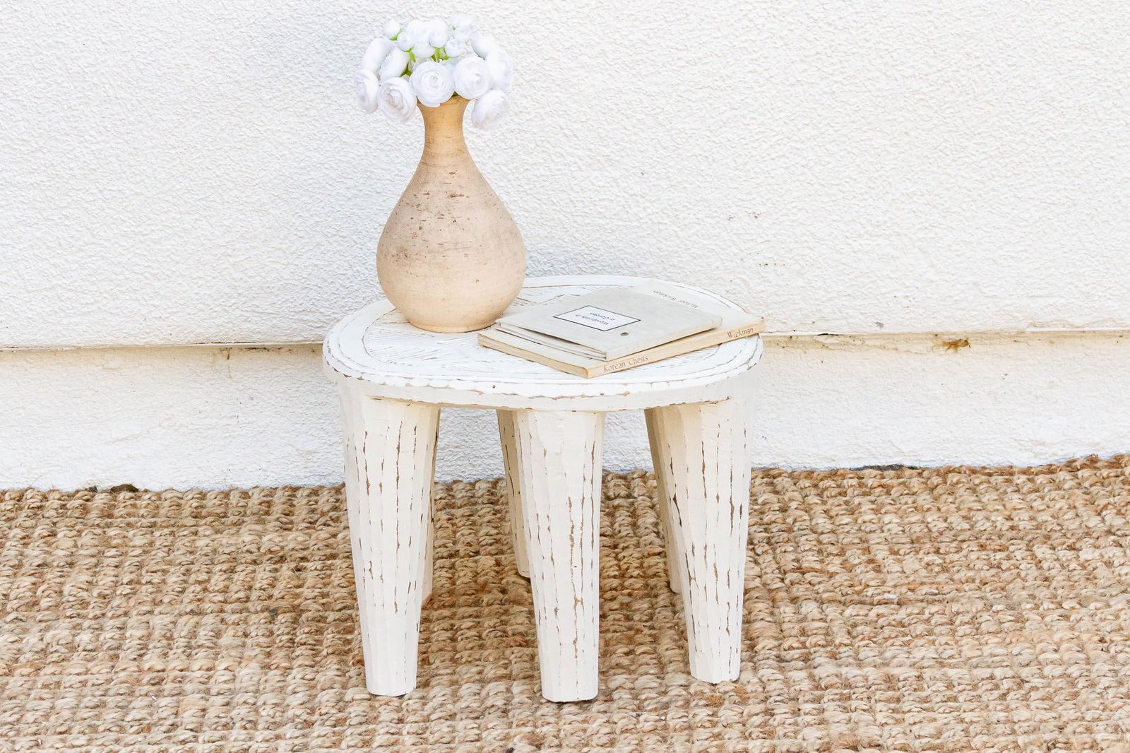 Farmhouse Style Whitewash Nupe Stool - 2