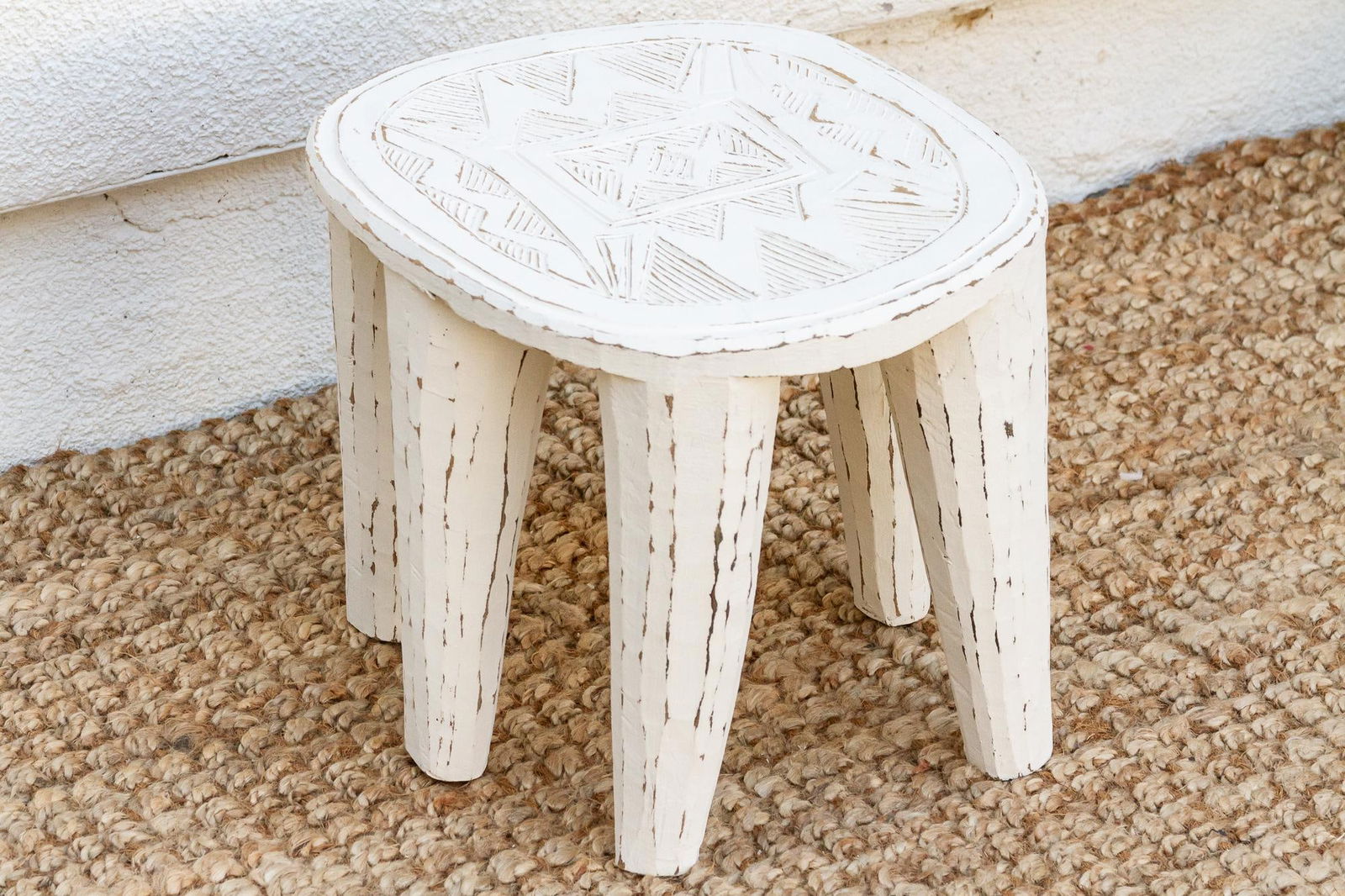 Farmhouse Style Whitewash Nupe Stool - 4