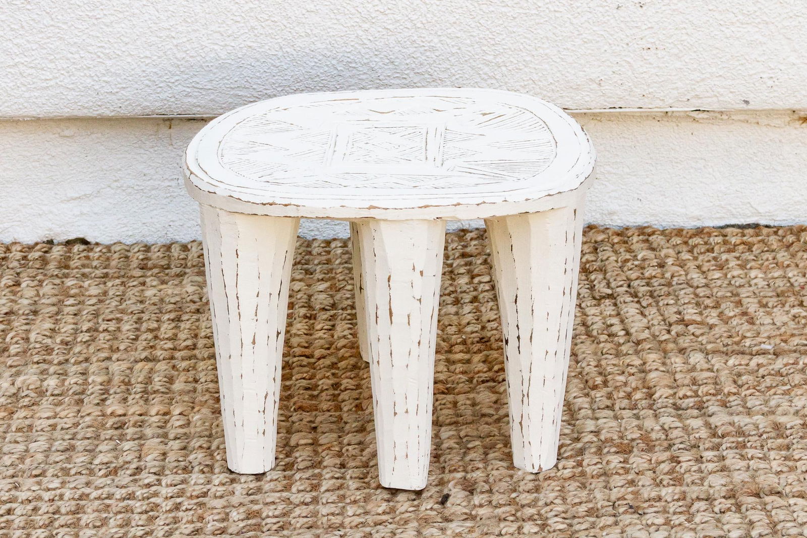 Farmhouse Style Whitewash Nupe Stool - 5