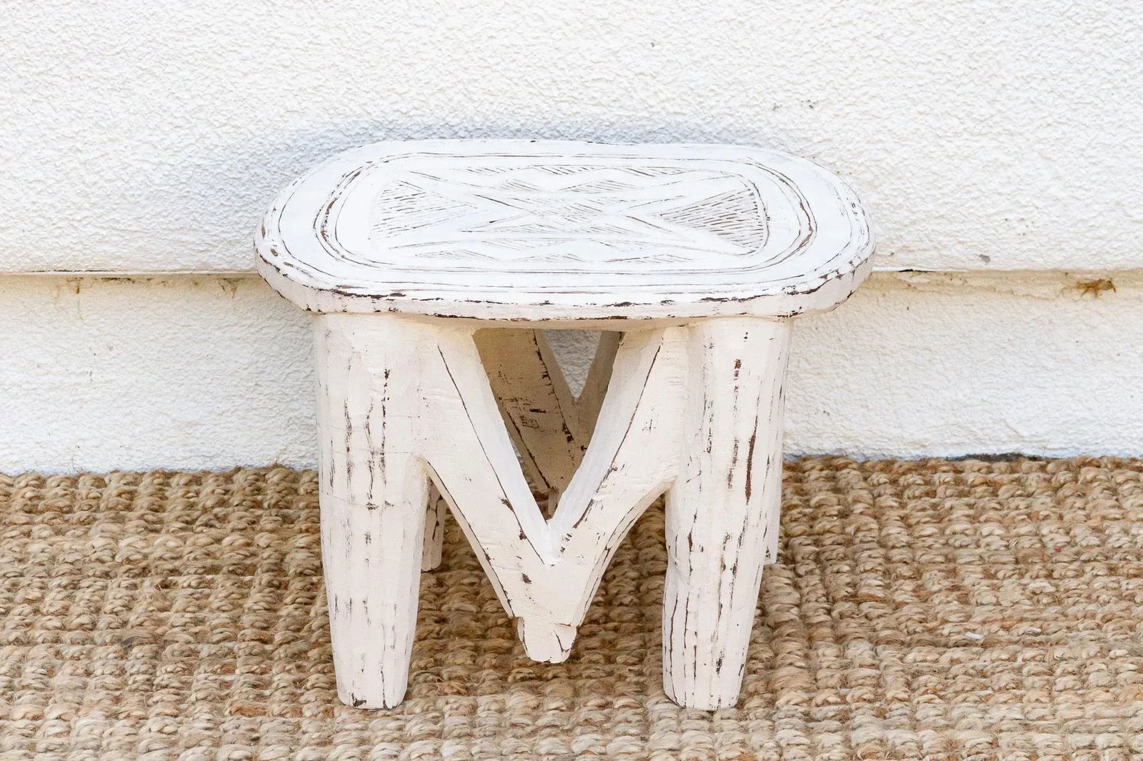 Tribal White African Wood Stool - 3